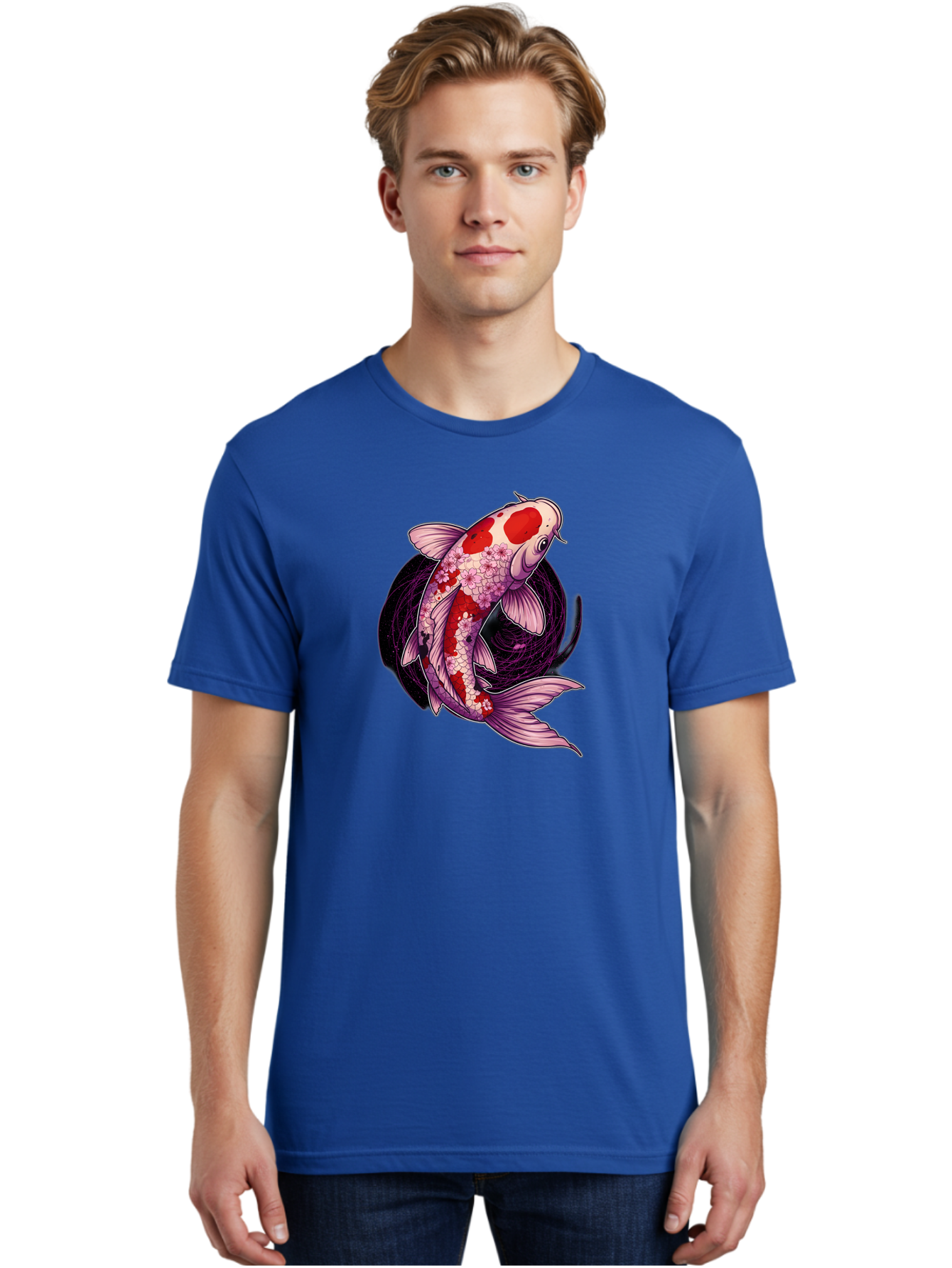Koi-Fish-1 Men'S Graphic Tee, 100% Cotton, Comfortable Casual Summer Wear, Machine Washable, Koi Fish, Floral Patterns, Red And White Scales, Pink Flowers, Dynamic Swirl, Elegant Design, Japanese Inspiration, Symbolic Fish, Water Creature, Bad962