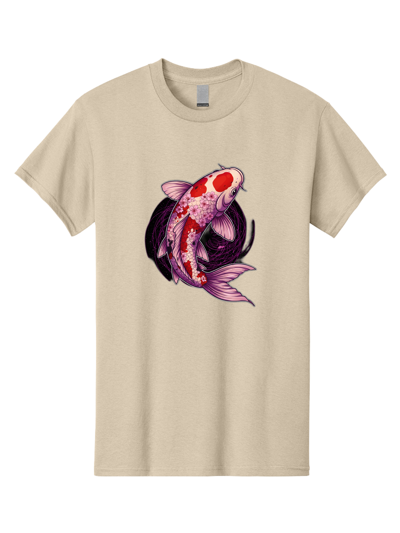 Koi-Fish-1 Men'S Graphic Tee, 100% Cotton, Comfortable Casual Summer Wear, Machine Washable, Koi Fish, Floral Patterns, Red And White Scales, Pink Flowers, Dynamic Swirl, Elegant Design, Japanese Inspiration, Symbolic Fish, Water Creature, Bad962