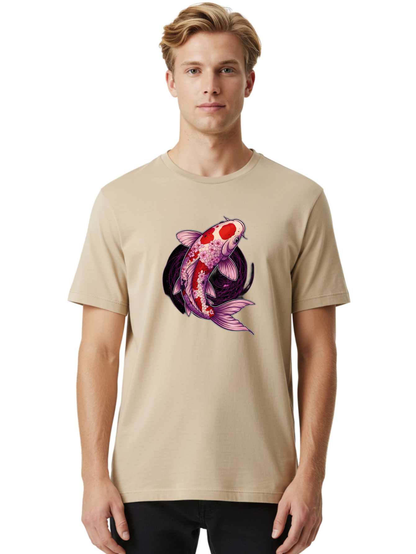 Koi-Fish-1 Men'S Graphic Tee, 100% Cotton, Comfortable Casual Summer Wear, Machine Washable, Koi Fish, Floral Patterns, Red And White Scales, Pink Flowers, Dynamic Swirl, Elegant Design, Japanese Inspiration, Symbolic Fish, Water Creature, Bad962