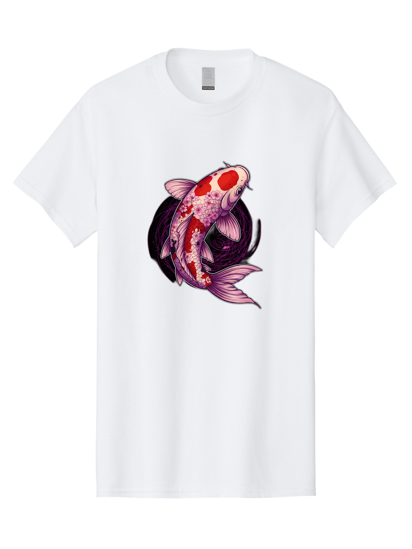 Koi-Fish-1 Men'S Graphic Tee, 100% Cotton, Comfortable Casual Summer Wear, Machine Washable, Koi Fish, Floral Patterns, Red And White Scales, Pink Flowers, Dynamic Swirl, Elegant Design, Japanese Inspiration, Symbolic Fish, Water Creature, Bad962