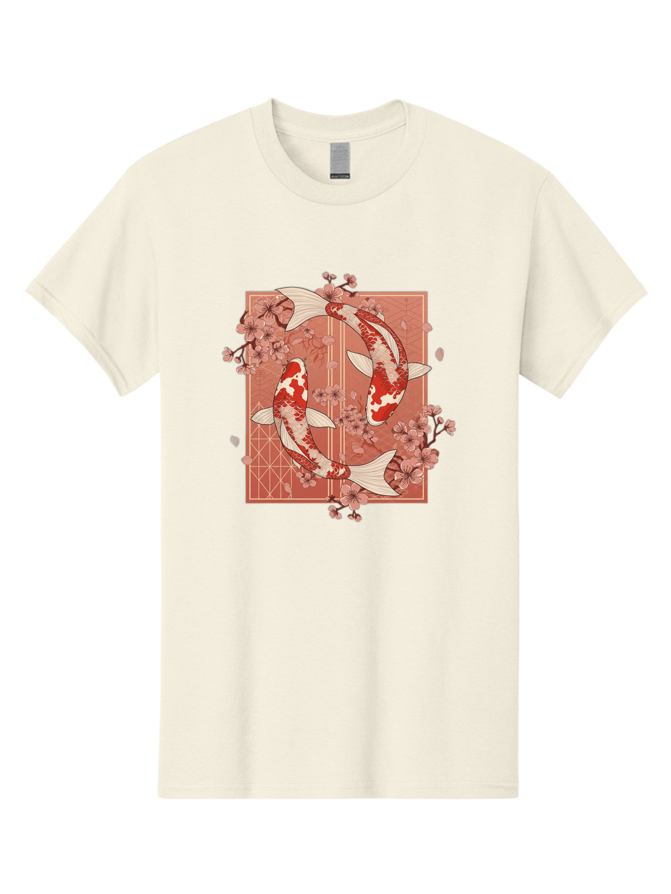 Koi-Fish Men'S Graphic Tee, 100% Cotton, Comfortable Casual Summer Wear, Machine Washable, Koi Fish, Red And White Fish, Cherry Blossoms, Japanese Culture, Traditional Art, Symbolic Fish, Harmonious Design, Serene Atmosphere, Elegant Pattern, Bad963