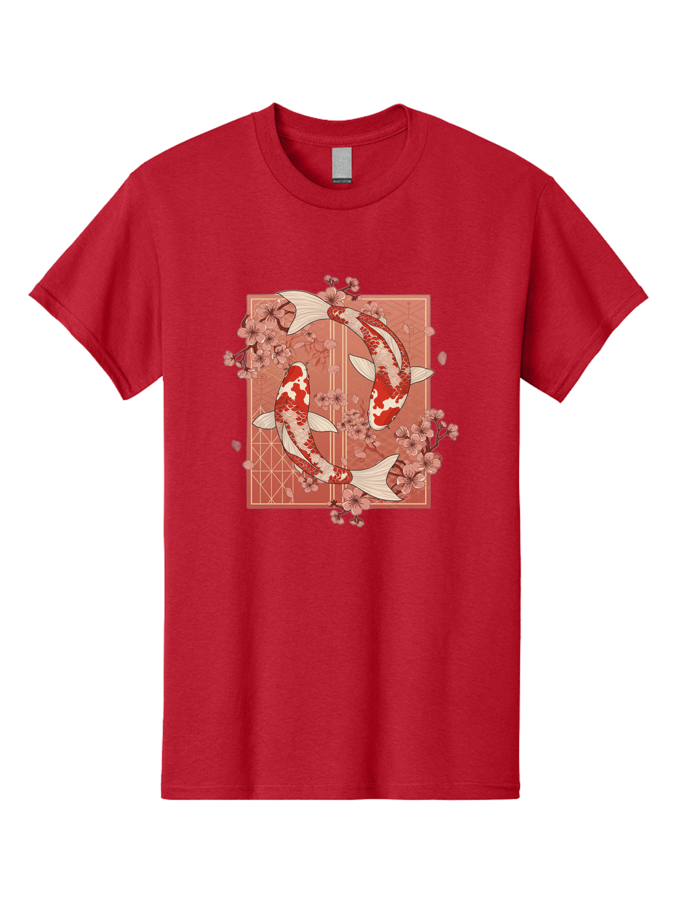 Koi-Fish Men'S Graphic Tee, 100% Cotton, Comfortable Casual Summer Wear, Machine Washable, Koi Fish, Red And White Fish, Cherry Blossoms, Japanese Culture, Traditional Art, Symbolic Fish, Harmonious Design, Serene Atmosphere, Elegant Pattern, Bad963