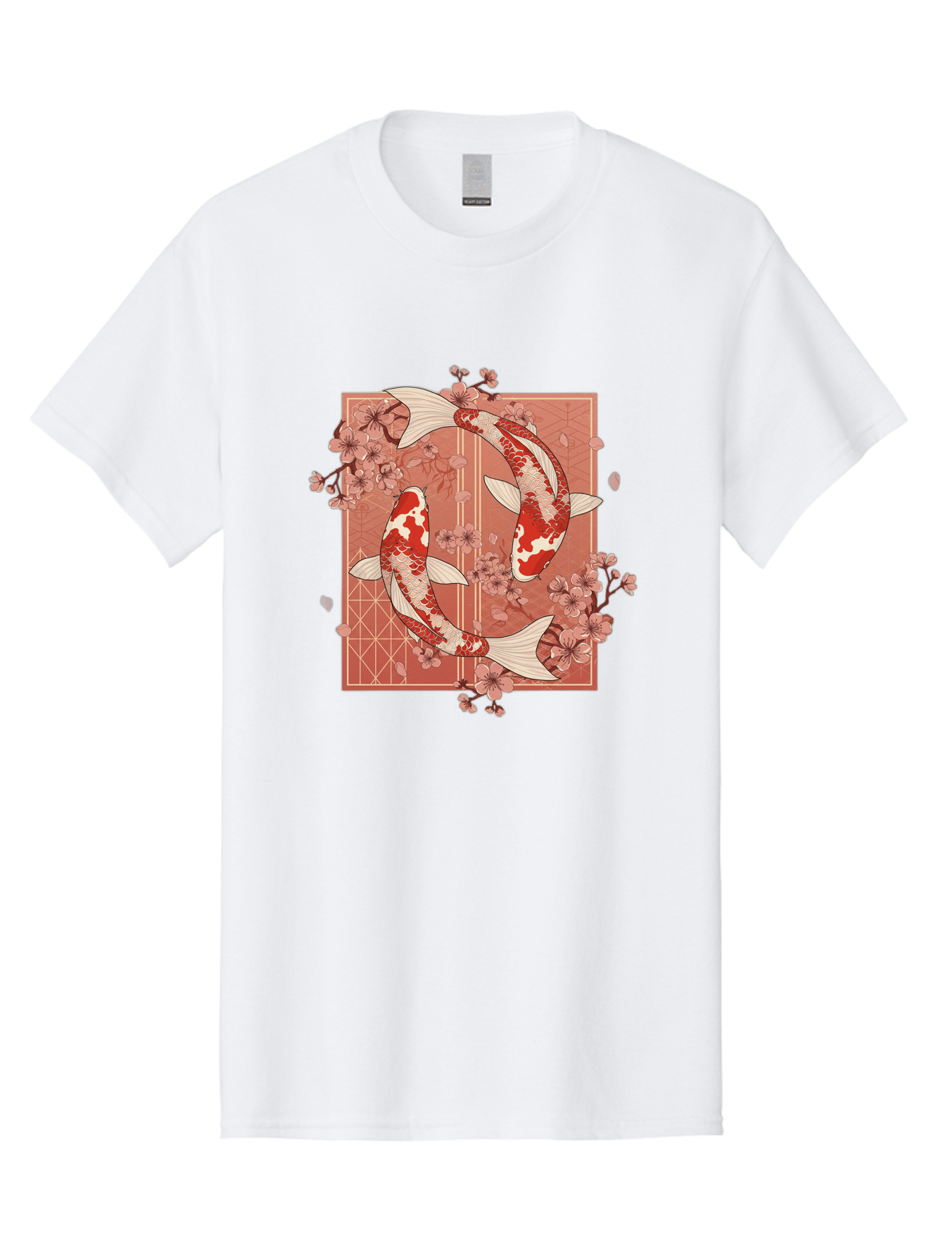 Koi-Fish Men'S Graphic Tee, 100% Cotton, Comfortable Casual Summer Wear, Machine Washable, Koi Fish, Red And White Fish, Cherry Blossoms, Japanese Culture, Traditional Art, Symbolic Fish, Harmonious Design, Serene Atmosphere, Elegant Pattern, Bad963