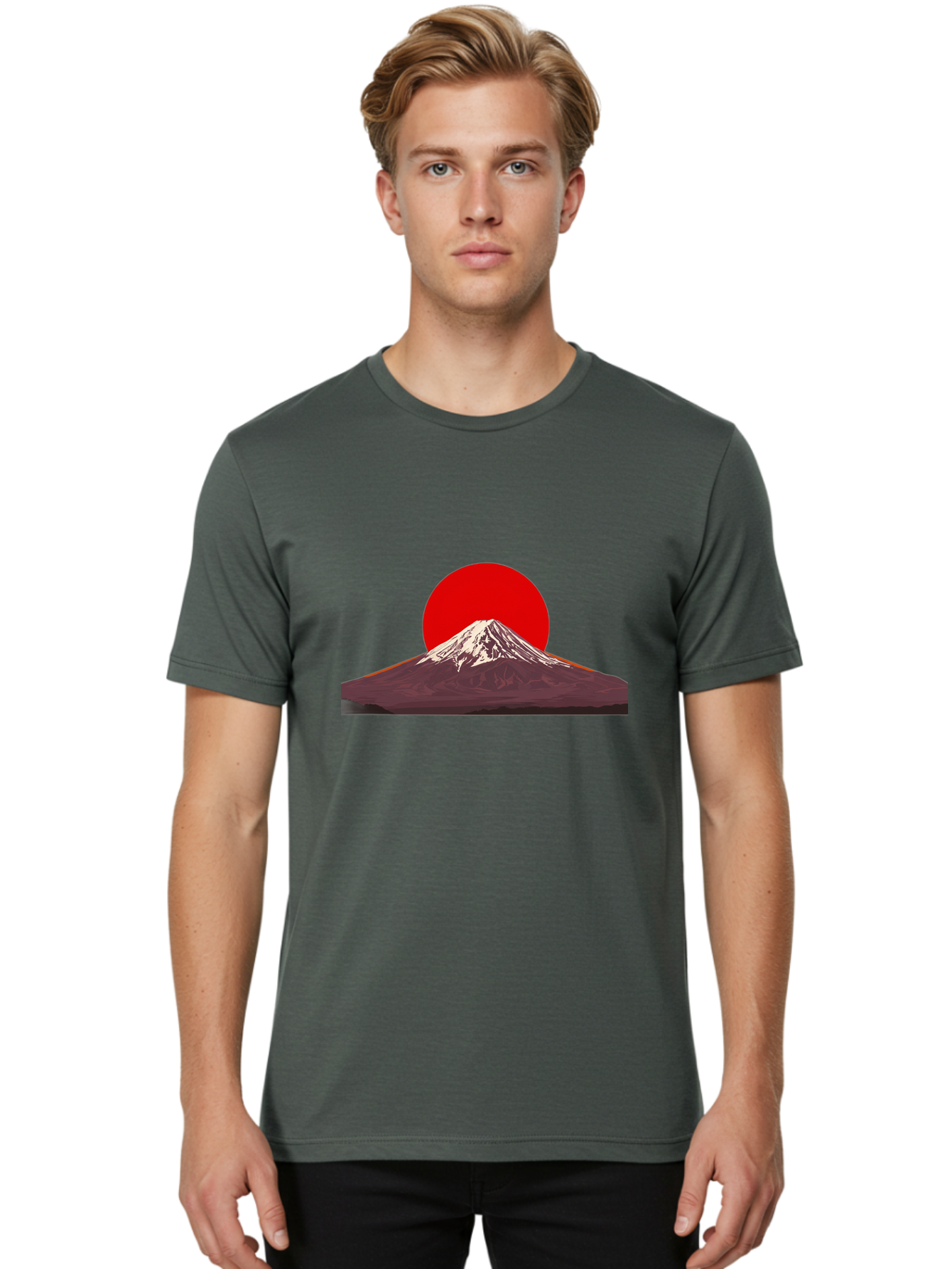 Mount-Fuji-3 Men'S Graphic Tee, 100% Cotton, Comfortable Casual Summer Wear, Machine Washable, Mount Fuji, Red Sun, Japanese Landscape, Minimalist Design, Iconic Mountain, Vibrant Colors, Serene Atmosphere, Graphic Art Bad968