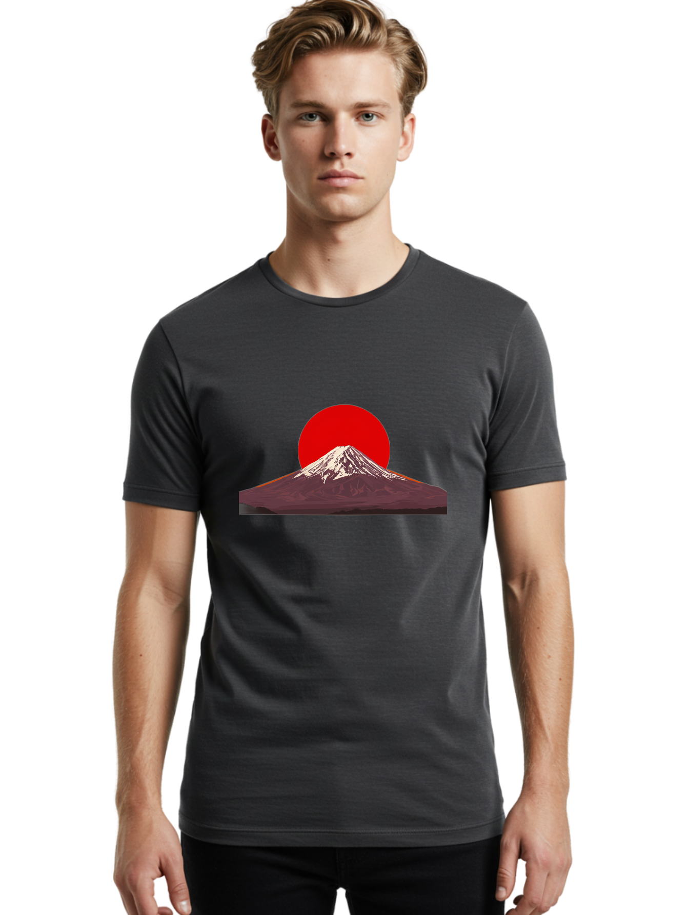 Mount-Fuji-3 Men'S Graphic Tee, 100% Cotton, Comfortable Casual Summer Wear, Machine Washable, Mount Fuji, Red Sun, Japanese Landscape, Minimalist Design, Iconic Mountain, Vibrant Colors, Serene Atmosphere, Graphic Art Bad968