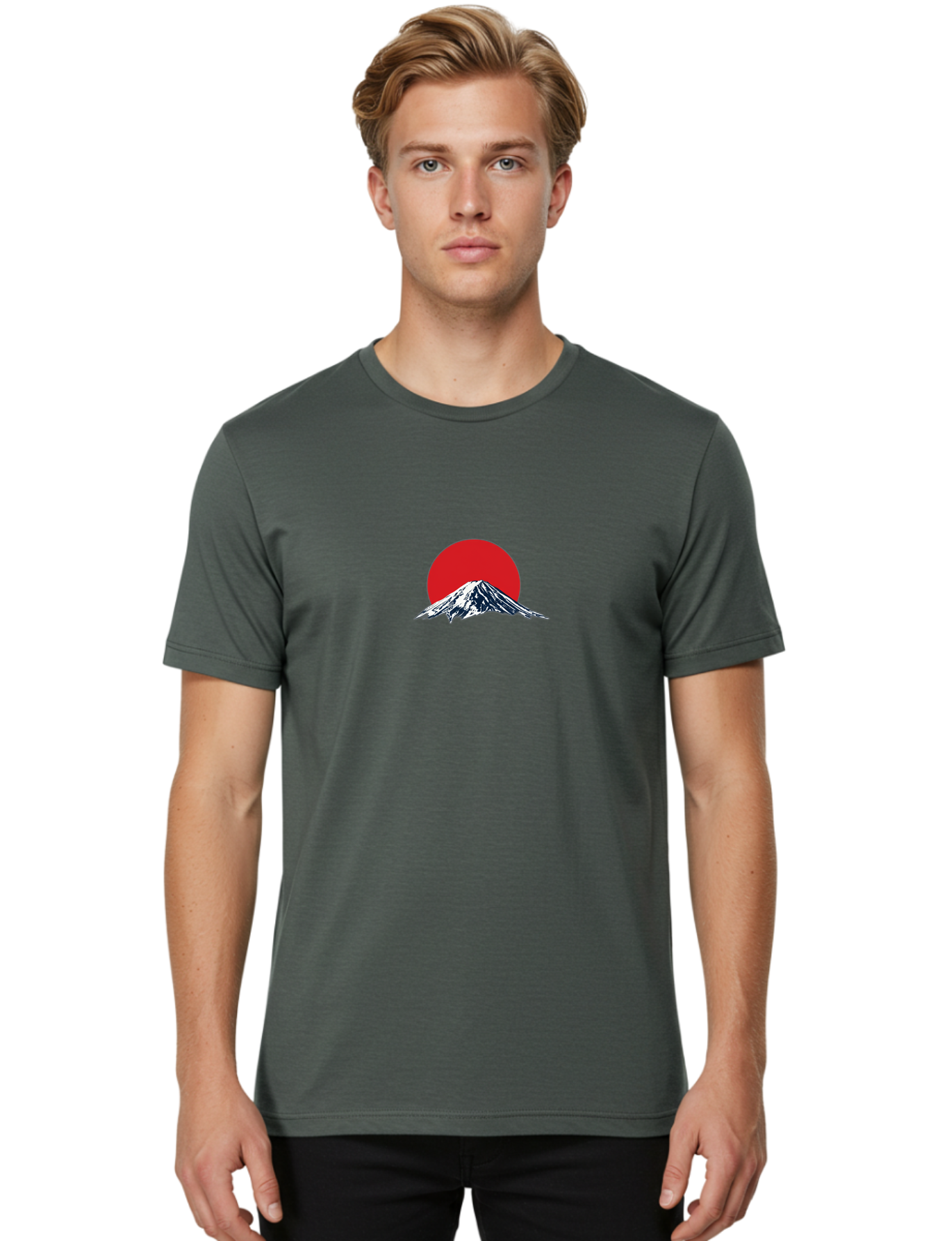 Mount-Fuji-4 Men'S Graphic Tee, 100% Cotton, Comfortable Casual Summer Wear, Machine Washable, Mount Fuji Landscape, Japanese Mountain Scenery, Red Sun, Snow-Capped Peak, Minimalist Design, Iconic Landmark, Serene Atmosphere Bad969