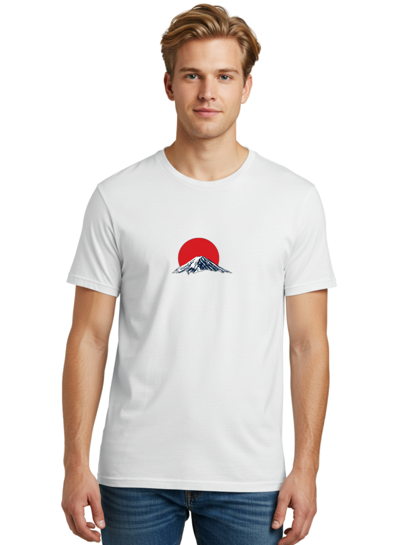 Mount-Fuji-4 Men'S Graphic Tee, 100% Cotton, Comfortable Casual Summer Wear, Machine Washable, Mount Fuji Landscape, Japanese Mountain Scenery, Red Sun, Snow-Capped Peak, Minimalist Design, Iconic Landmark, Serene Atmosphere Bad969