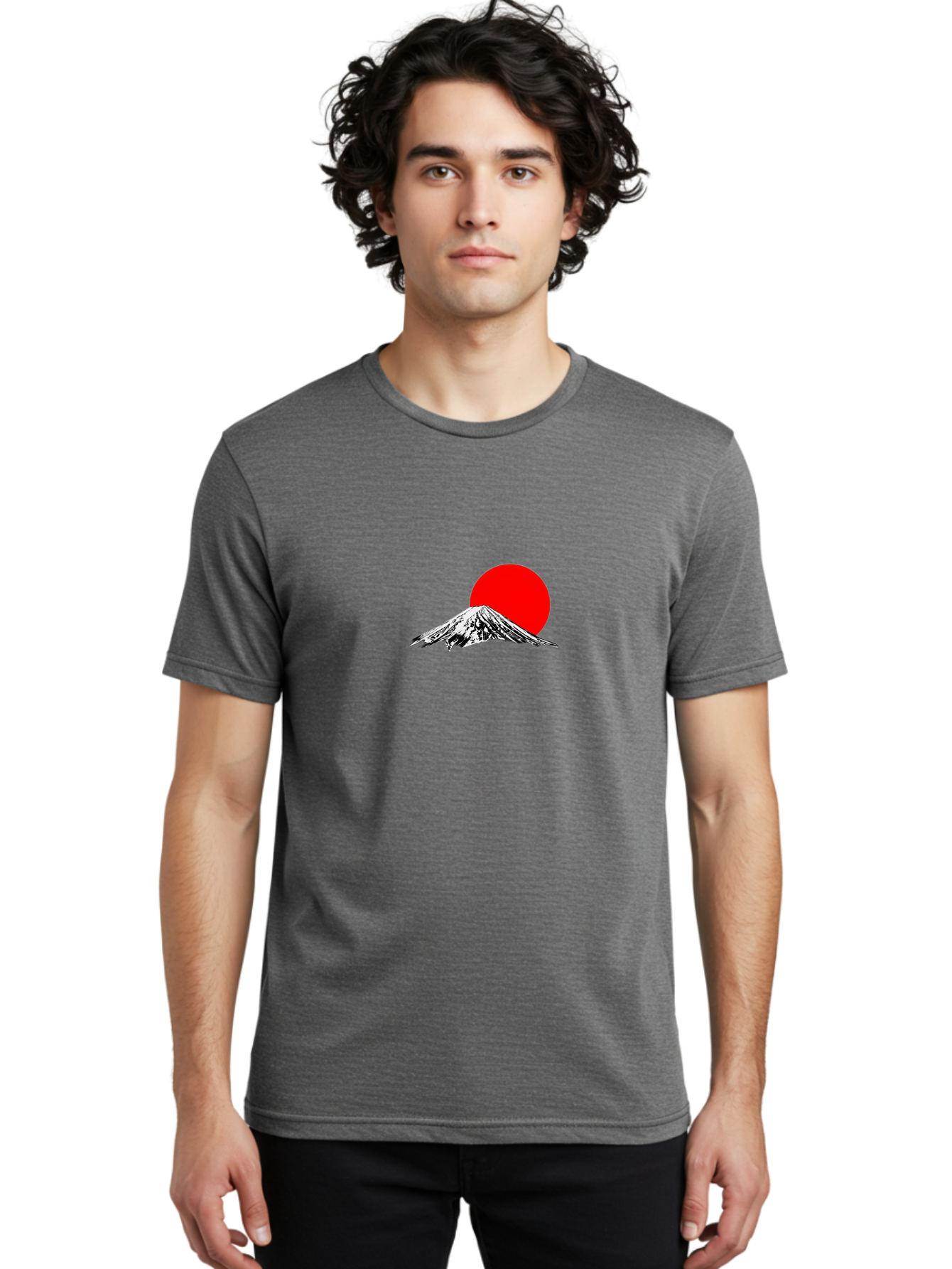 Mount-Fuji-6 Men'S Graphic Tee, 100% Cotton, Comfortable Casual Summer Wear, Machine Washable, Mount Fuji Illustration, Red Sun, Minimalist Design, Japanese Culture, Iconic Landmarks, Black And White Graphics, Simple Shapes, Bold Colors, Bad971