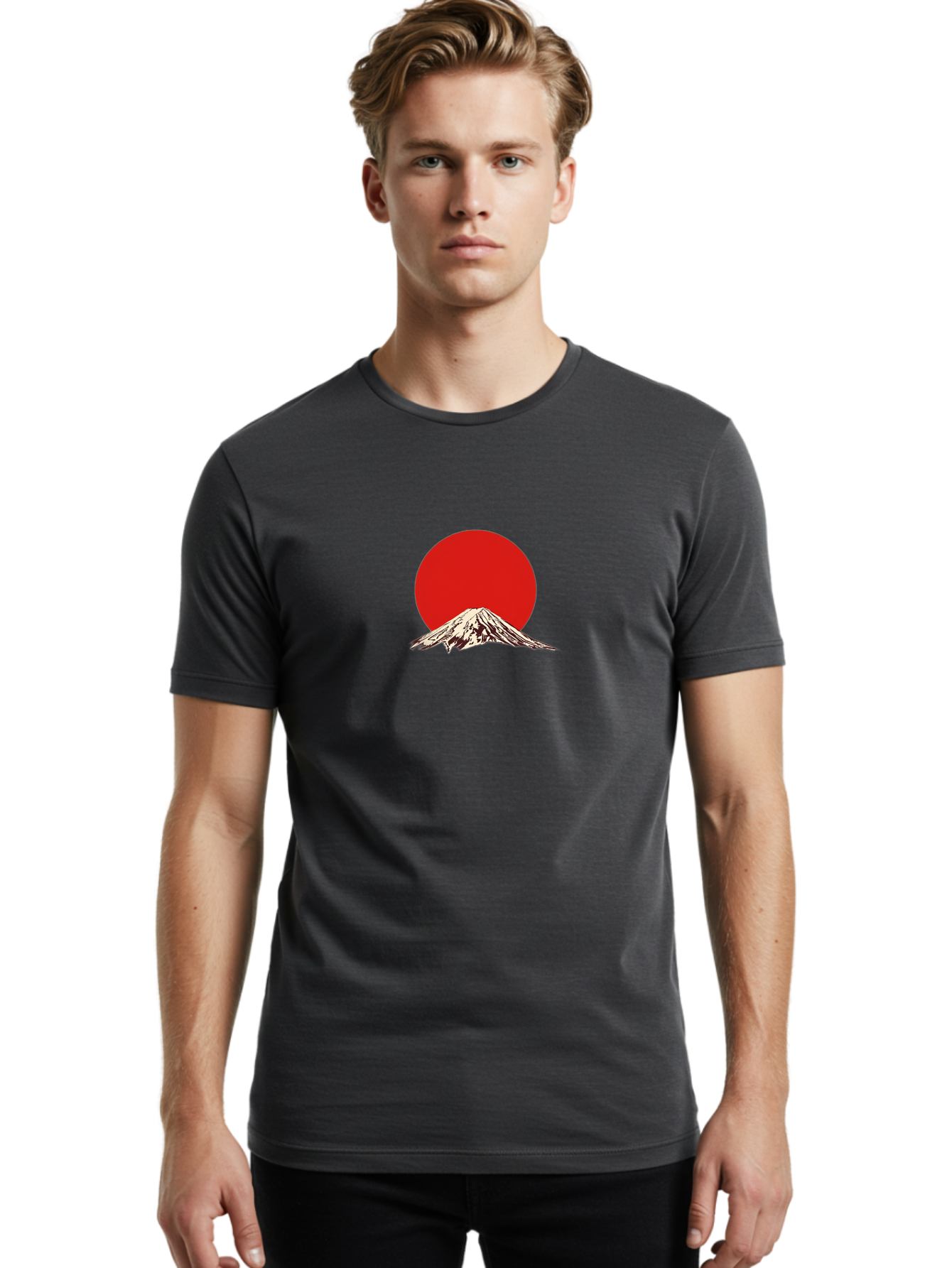 Mount-Fuji-7 Men'S Graphic Tee, 100% Cotton, Comfortable Casual Summer Wear, Machine Washable, Mount Fuji, Red Sun, Japanese Mountain, Iconic Landmark, Serene Landscape, Snow-Capped Peak, Minimalist Design, Bold Colors Bad972
