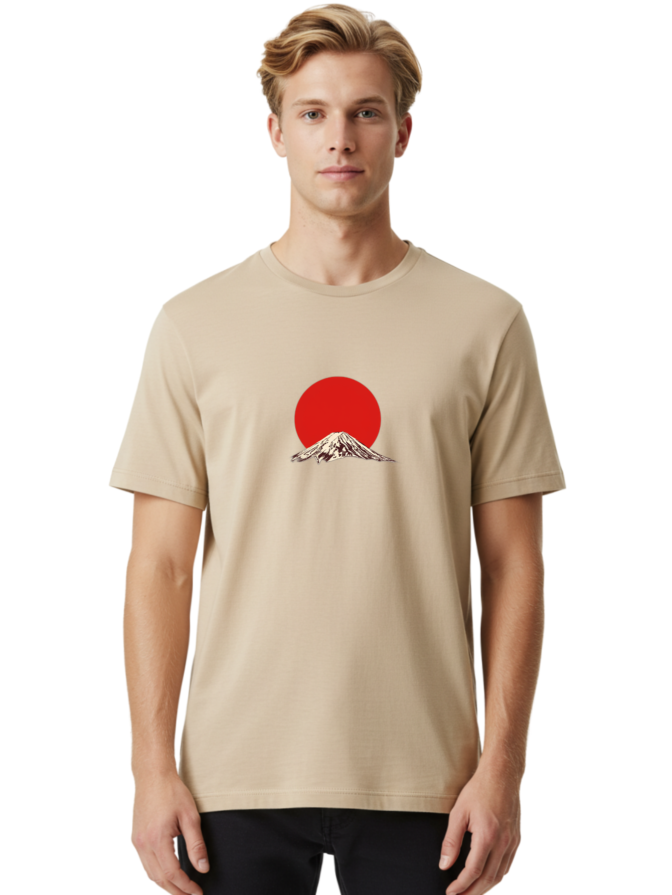 Mount-Fuji-7 Men'S Graphic Tee, 100% Cotton, Comfortable Casual Summer Wear, Machine Washable, Mount Fuji, Red Sun, Japanese Mountain, Iconic Landmark, Serene Landscape, Snow-Capped Peak, Minimalist Design, Bold Colors Bad972