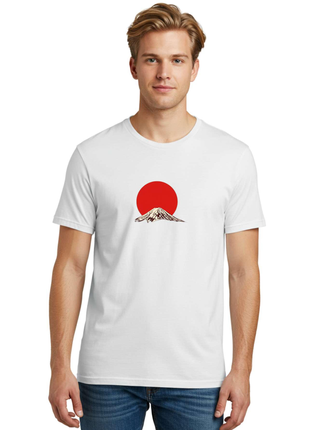 Mount-Fuji-7 Men'S Graphic Tee, 100% Cotton, Comfortable Casual Summer Wear, Machine Washable, Mount Fuji, Red Sun, Japanese Mountain, Iconic Landmark, Serene Landscape, Snow-Capped Peak, Minimalist Design, Bold Colors Bad972