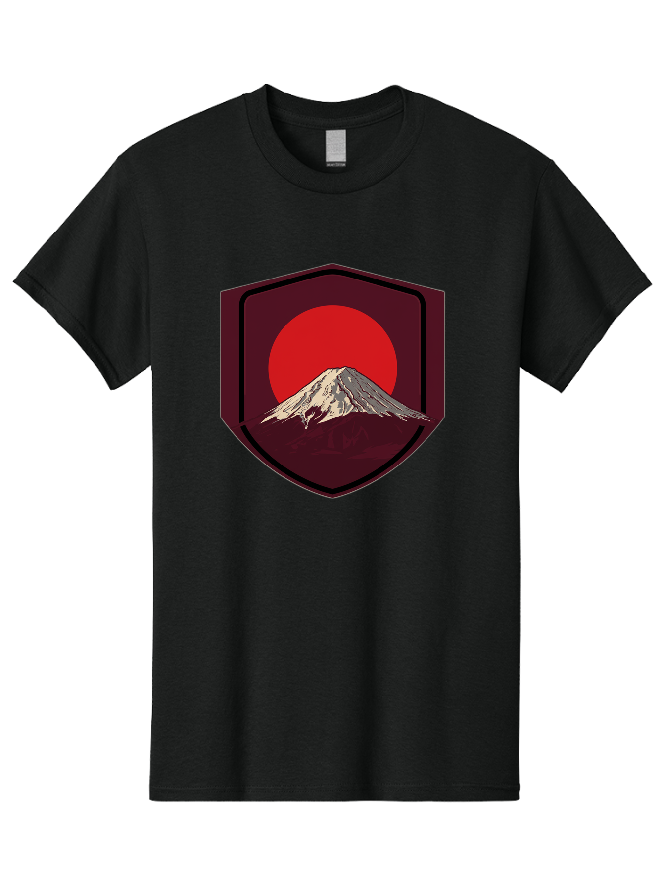 Mount-Fuji-Badge Men'S Graphic Tee, 100% Cotton, Comfortable Casual Summer Wear, Machine Washable, Mount Fuji, Japanese Mountain, Red Sun, Shield Emblem, Mountain Landscape, Japanese Culture, Iconic Symbol, Graphic Design, Red Circle Bad975