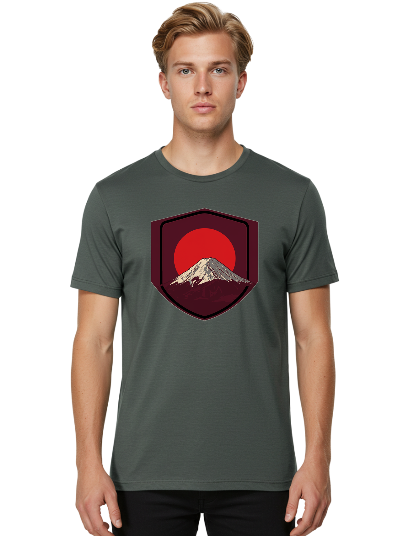 Mount-Fuji-Badge Men'S Graphic Tee, 100% Cotton, Comfortable Casual Summer Wear, Machine Washable, Mount Fuji, Japanese Mountain, Red Sun, Shield Emblem, Mountain Landscape, Japanese Culture, Iconic Symbol, Graphic Design, Red Circle Bad975