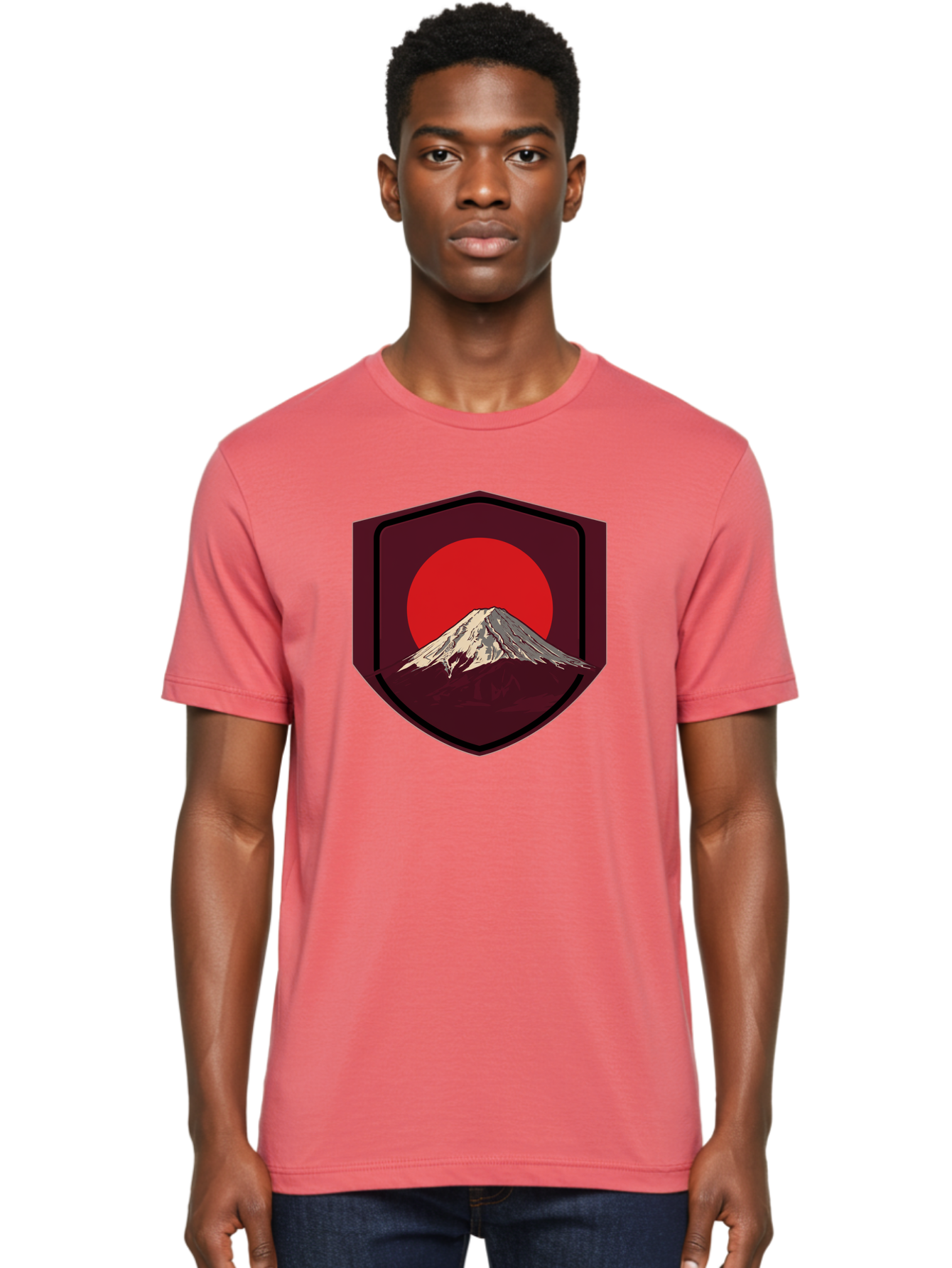 Mount-Fuji-Badge Men'S Graphic Tee, 100% Cotton, Comfortable Casual Summer Wear, Machine Washable, Mount Fuji, Japanese Mountain, Red Sun, Shield Emblem, Mountain Landscape, Japanese Culture, Iconic Symbol, Graphic Design, Red Circle Bad975