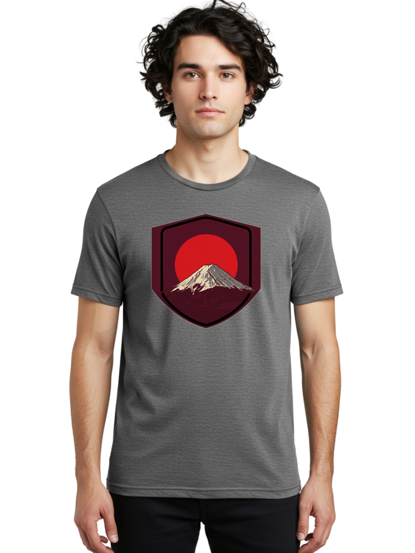 Mount-Fuji-Badge Men'S Graphic Tee, 100% Cotton, Comfortable Casual Summer Wear, Machine Washable, Mount Fuji, Japanese Mountain, Red Sun, Shield Emblem, Mountain Landscape, Japanese Culture, Iconic Symbol, Graphic Design, Red Circle Bad975
