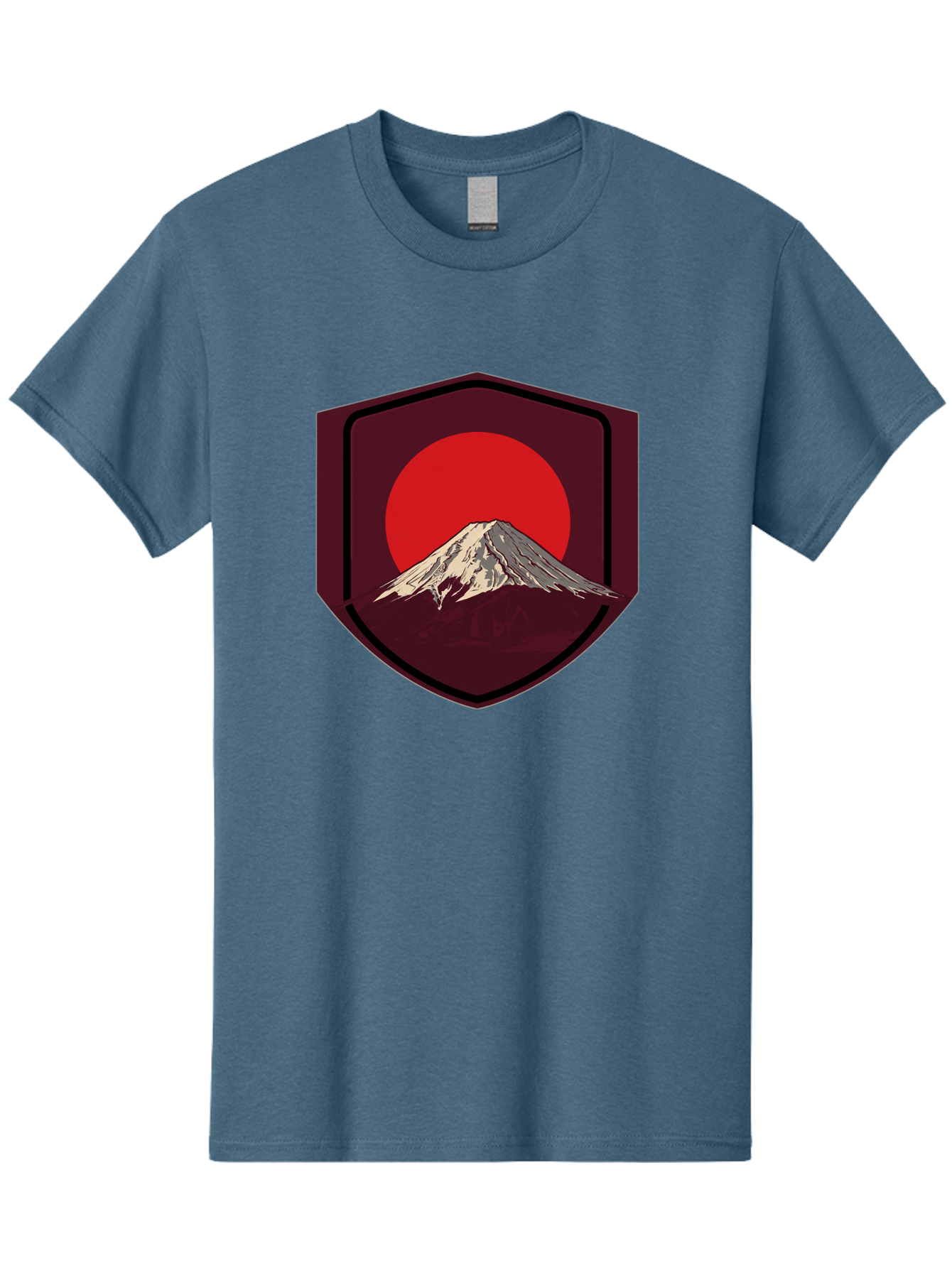Mount-Fuji-Badge Men'S Graphic Tee, 100% Cotton, Comfortable Casual Summer Wear, Machine Washable, Mount Fuji, Japanese Mountain, Red Sun, Shield Emblem, Mountain Landscape, Japanese Culture, Iconic Symbol, Graphic Design, Red Circle Bad975