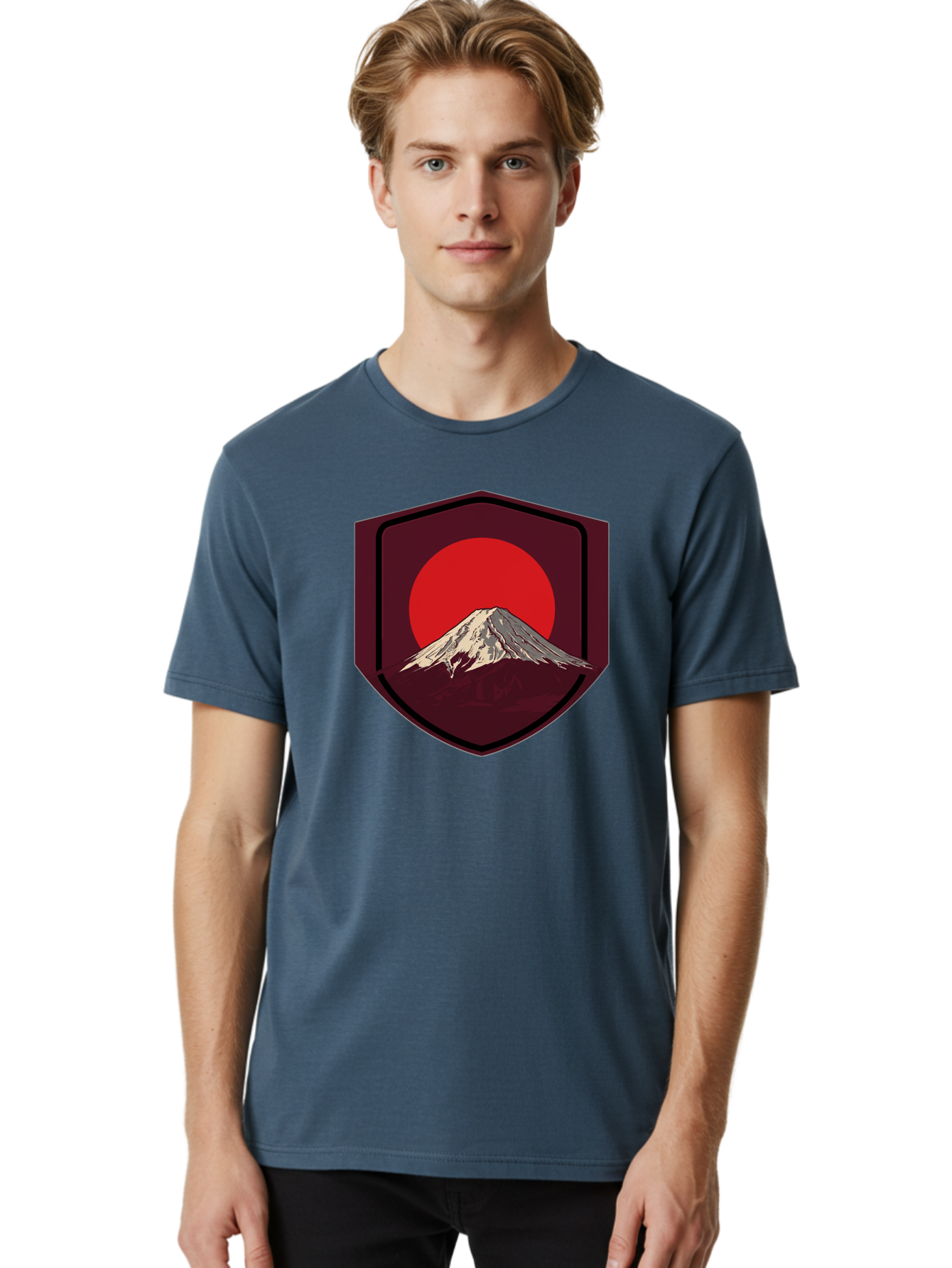 Mount-Fuji-Badge Men'S Graphic Tee, 100% Cotton, Comfortable Casual Summer Wear, Machine Washable, Mount Fuji, Japanese Mountain, Red Sun, Shield Emblem, Mountain Landscape, Japanese Culture, Iconic Symbol, Graphic Design, Red Circle Bad975