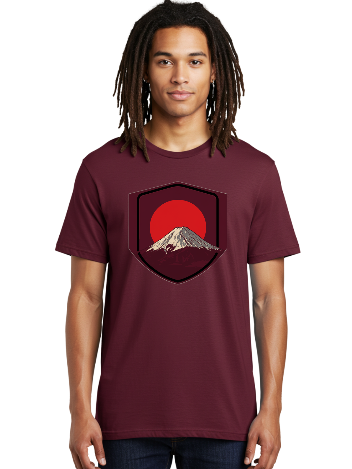 Mount-Fuji-Badge Men'S Graphic Tee, 100% Cotton, Comfortable Casual Summer Wear, Machine Washable, Mount Fuji, Japanese Mountain, Red Sun, Shield Emblem, Mountain Landscape, Japanese Culture, Iconic Symbol, Graphic Design, Red Circle Bad975