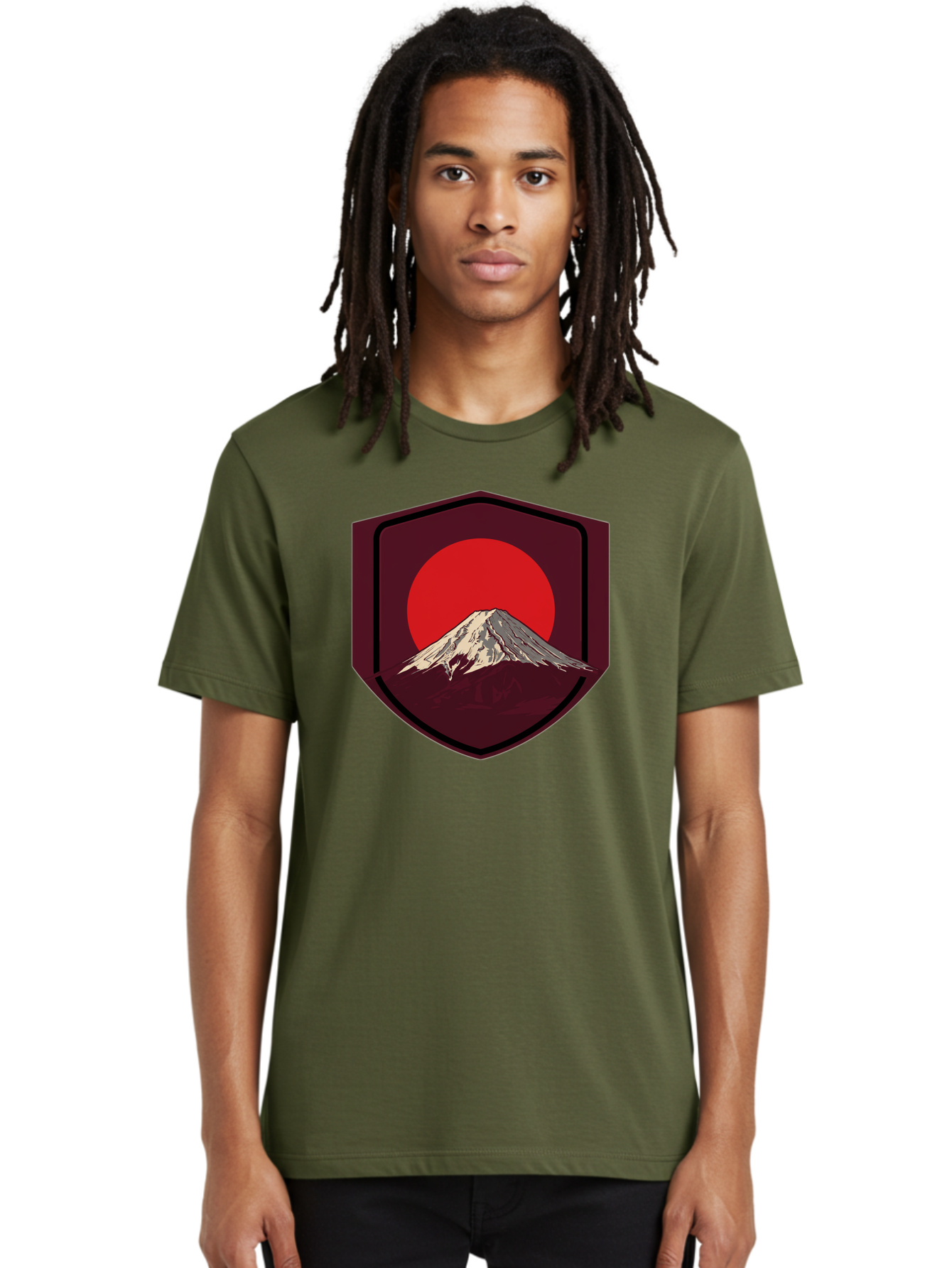 Mount-Fuji-Badge Men'S Graphic Tee, 100% Cotton, Comfortable Casual Summer Wear, Machine Washable, Mount Fuji, Japanese Mountain, Red Sun, Shield Emblem, Mountain Landscape, Japanese Culture, Iconic Symbol, Graphic Design, Red Circle Bad975