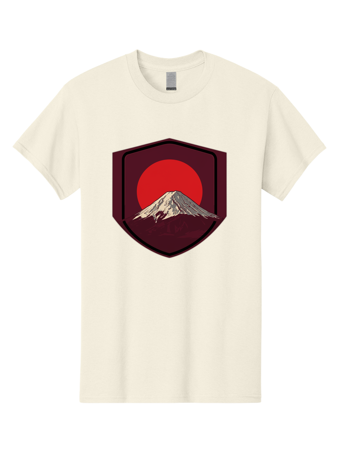 Mount-Fuji-Badge Men'S Graphic Tee, 100% Cotton, Comfortable Casual Summer Wear, Machine Washable, Mount Fuji, Japanese Mountain, Red Sun, Shield Emblem, Mountain Landscape, Japanese Culture, Iconic Symbol, Graphic Design, Red Circle Bad975