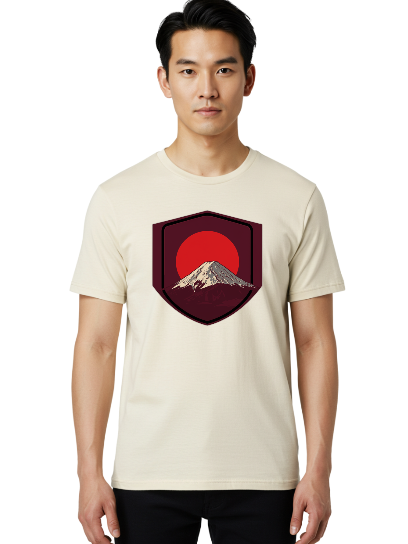 Mount-Fuji-Badge Men'S Graphic Tee, 100% Cotton, Comfortable Casual Summer Wear, Machine Washable, Mount Fuji, Japanese Mountain, Red Sun, Shield Emblem, Mountain Landscape, Japanese Culture, Iconic Symbol, Graphic Design, Red Circle Bad975