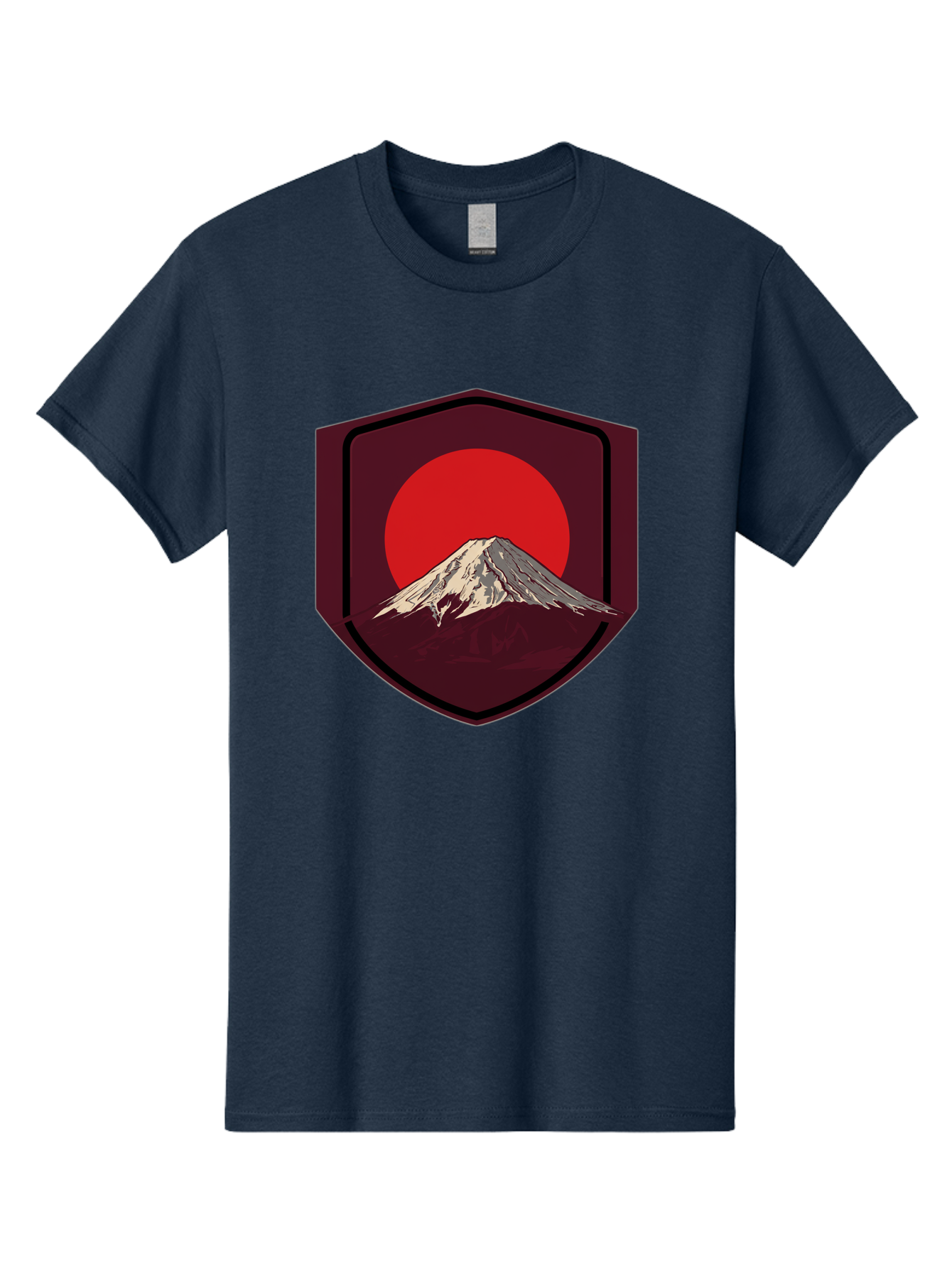 Mount-Fuji-Badge Men'S Graphic Tee, 100% Cotton, Comfortable Casual Summer Wear, Machine Washable, Mount Fuji, Japanese Mountain, Red Sun, Shield Emblem, Mountain Landscape, Japanese Culture, Iconic Symbol, Graphic Design, Red Circle Bad975