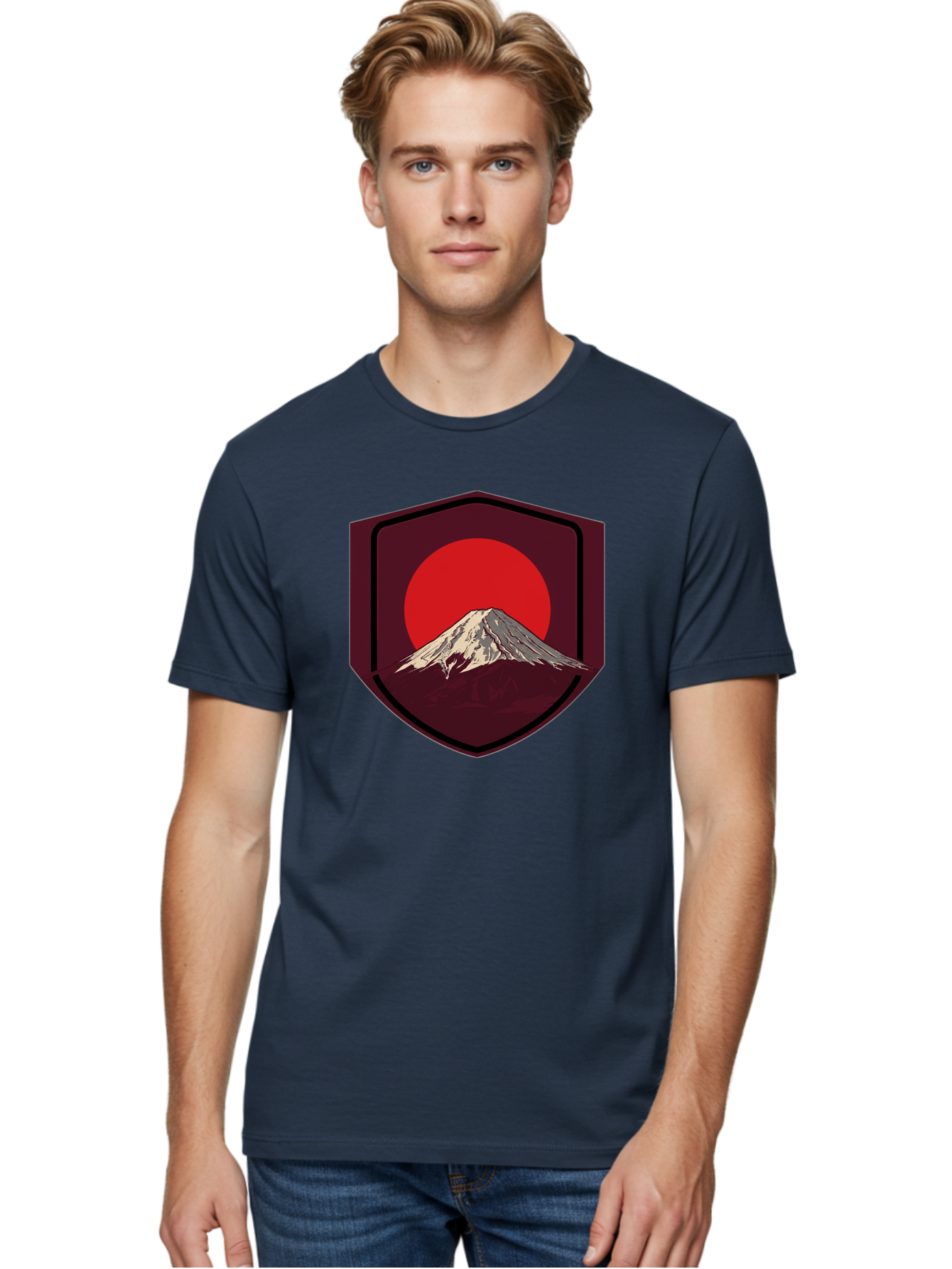 Mount-Fuji-Badge Men'S Graphic Tee, 100% Cotton, Comfortable Casual Summer Wear, Machine Washable, Mount Fuji, Japanese Mountain, Red Sun, Shield Emblem, Mountain Landscape, Japanese Culture, Iconic Symbol, Graphic Design, Red Circle Bad975