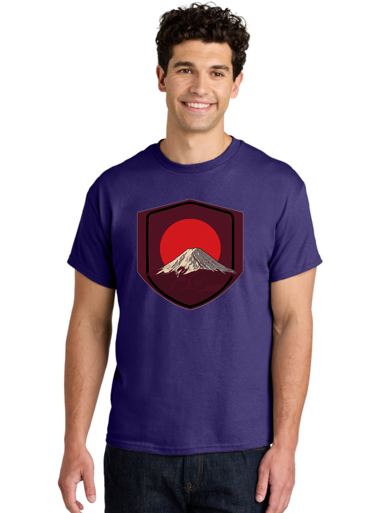 Mount-Fuji-Badge Men'S Graphic Tee, 100% Cotton, Comfortable Casual Summer Wear, Machine Washable, Mount Fuji, Japanese Mountain, Red Sun, Shield Emblem, Mountain Landscape, Japanese Culture, Iconic Symbol, Graphic Design, Red Circle Bad975