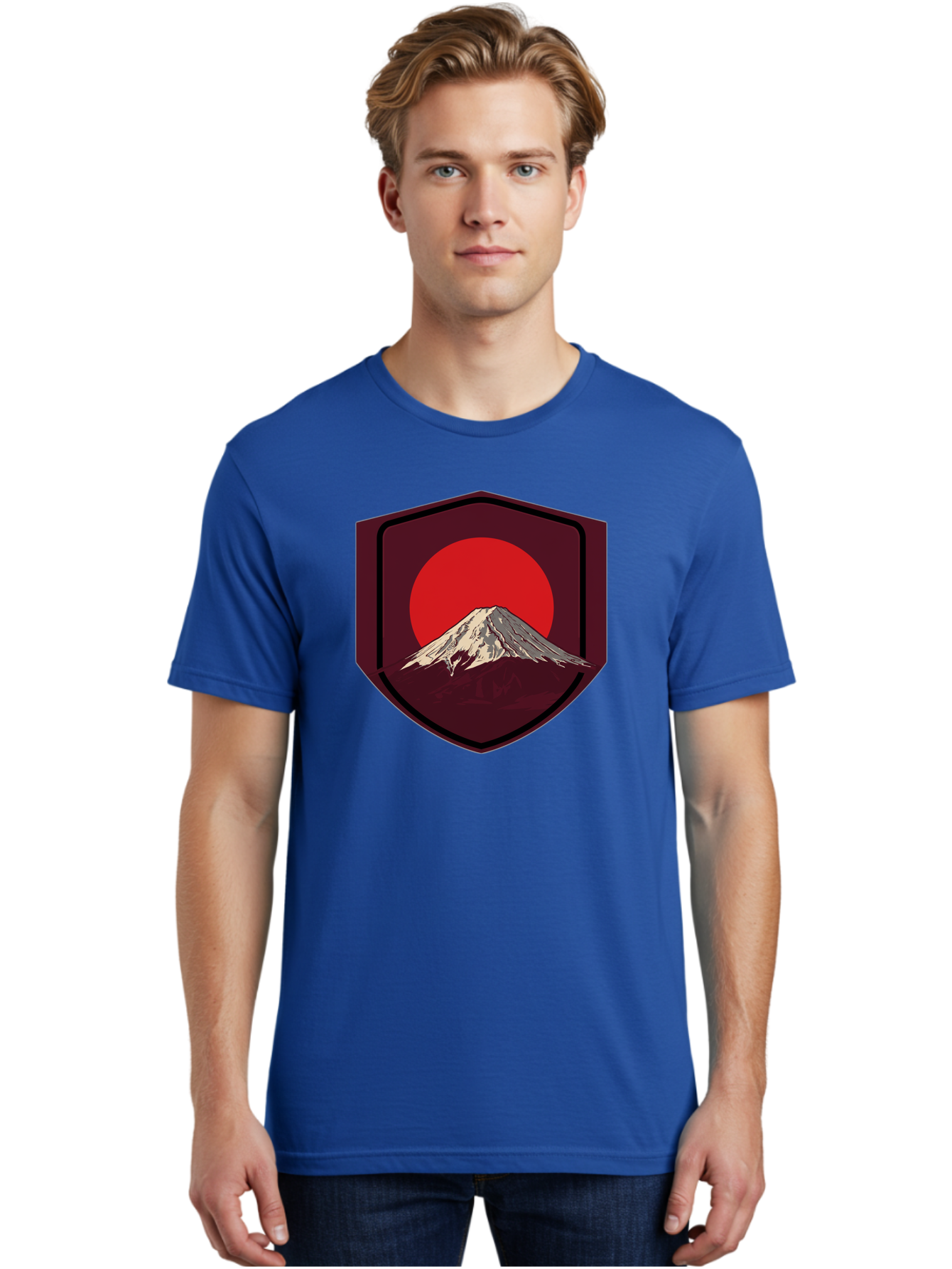 Mount-Fuji-Badge Men'S Graphic Tee, 100% Cotton, Comfortable Casual Summer Wear, Machine Washable, Mount Fuji, Japanese Mountain, Red Sun, Shield Emblem, Mountain Landscape, Japanese Culture, Iconic Symbol, Graphic Design, Red Circle Bad975