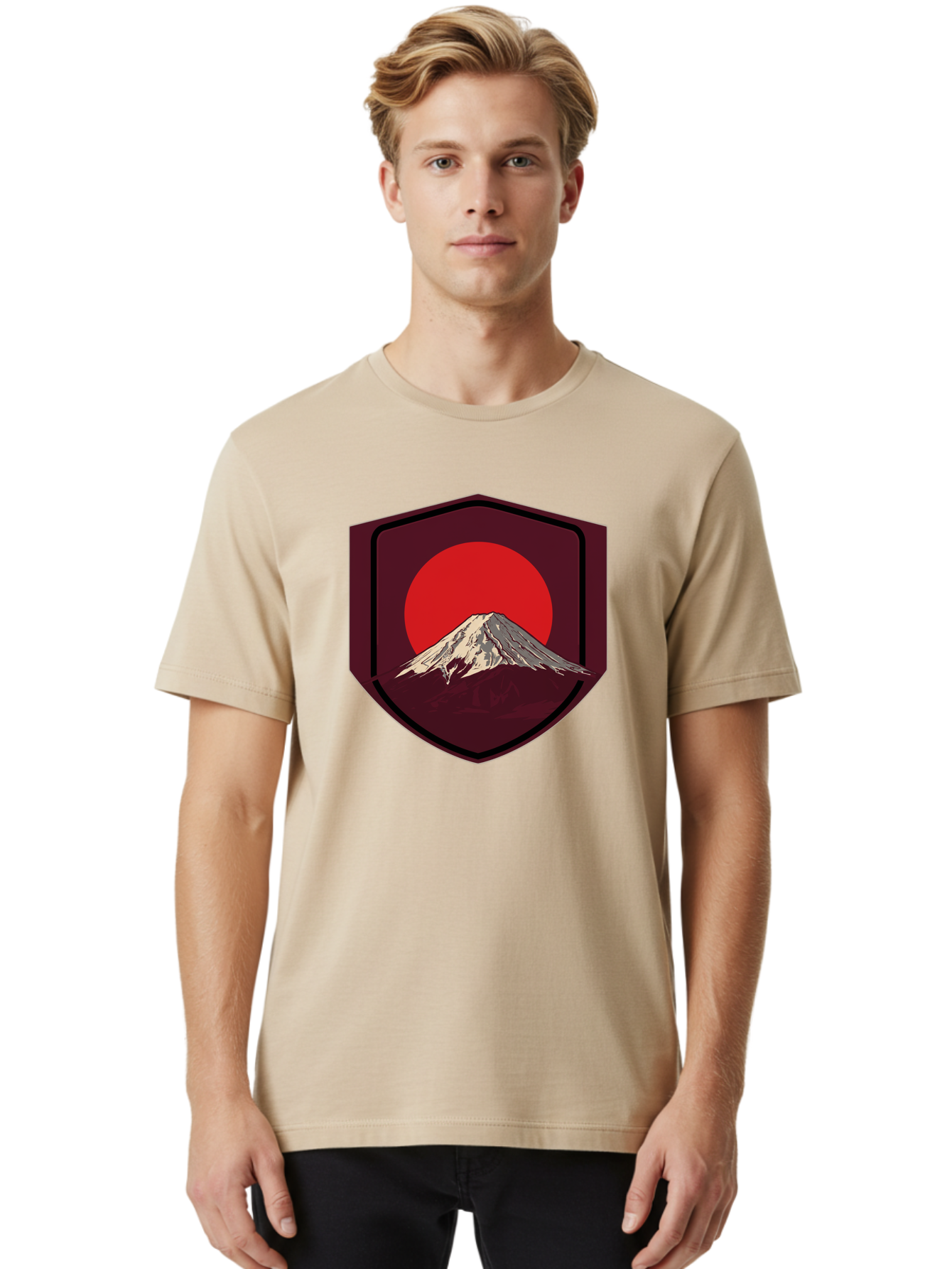 Mount-Fuji-Badge Men'S Graphic Tee, 100% Cotton, Comfortable Casual Summer Wear, Machine Washable, Mount Fuji, Japanese Mountain, Red Sun, Shield Emblem, Mountain Landscape, Japanese Culture, Iconic Symbol, Graphic Design, Red Circle Bad975