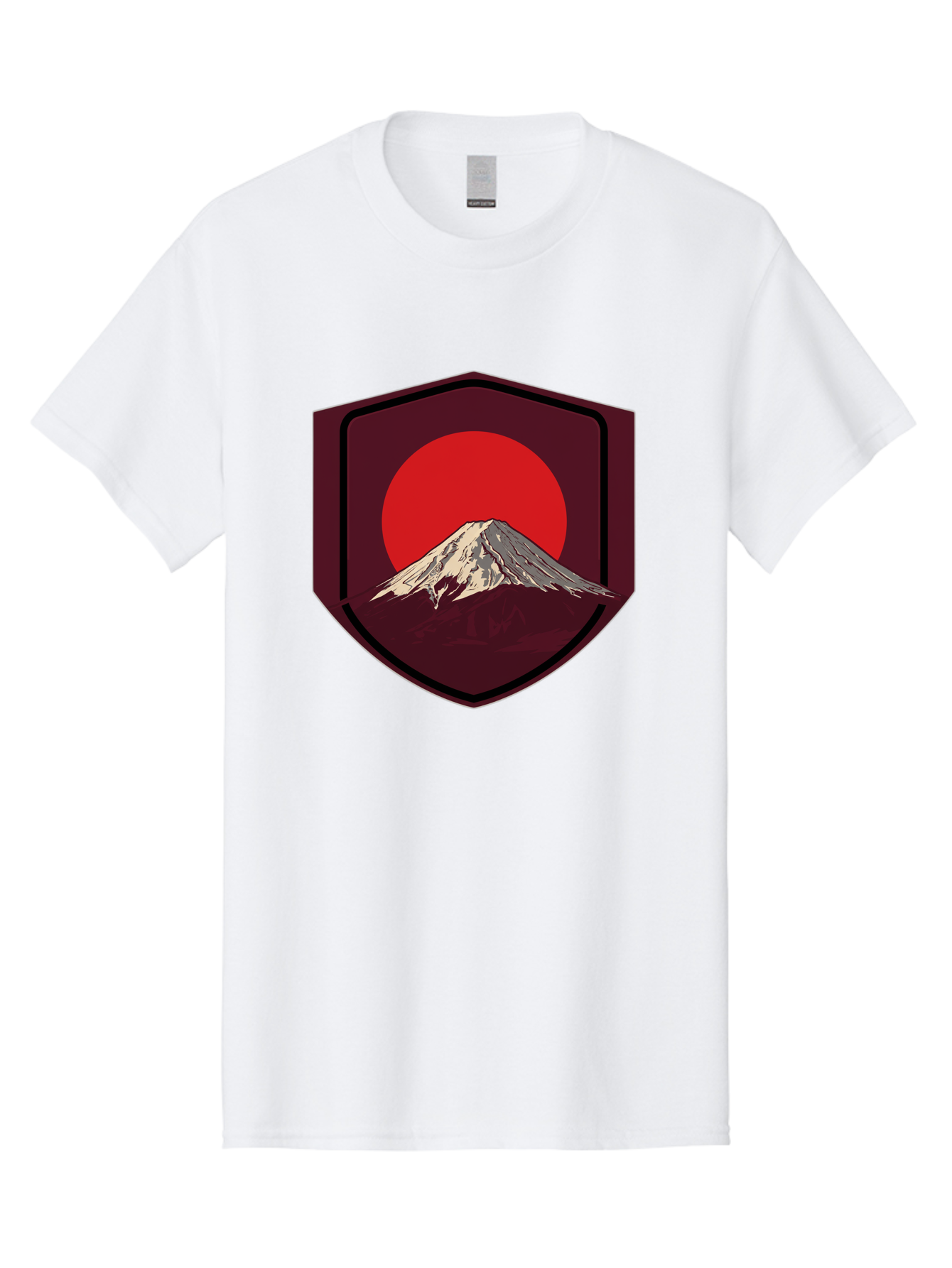 Mount-Fuji-Badge Men'S Graphic Tee, 100% Cotton, Comfortable Casual Summer Wear, Machine Washable, Mount Fuji, Japanese Mountain, Red Sun, Shield Emblem, Mountain Landscape, Japanese Culture, Iconic Symbol, Graphic Design, Red Circle Bad975