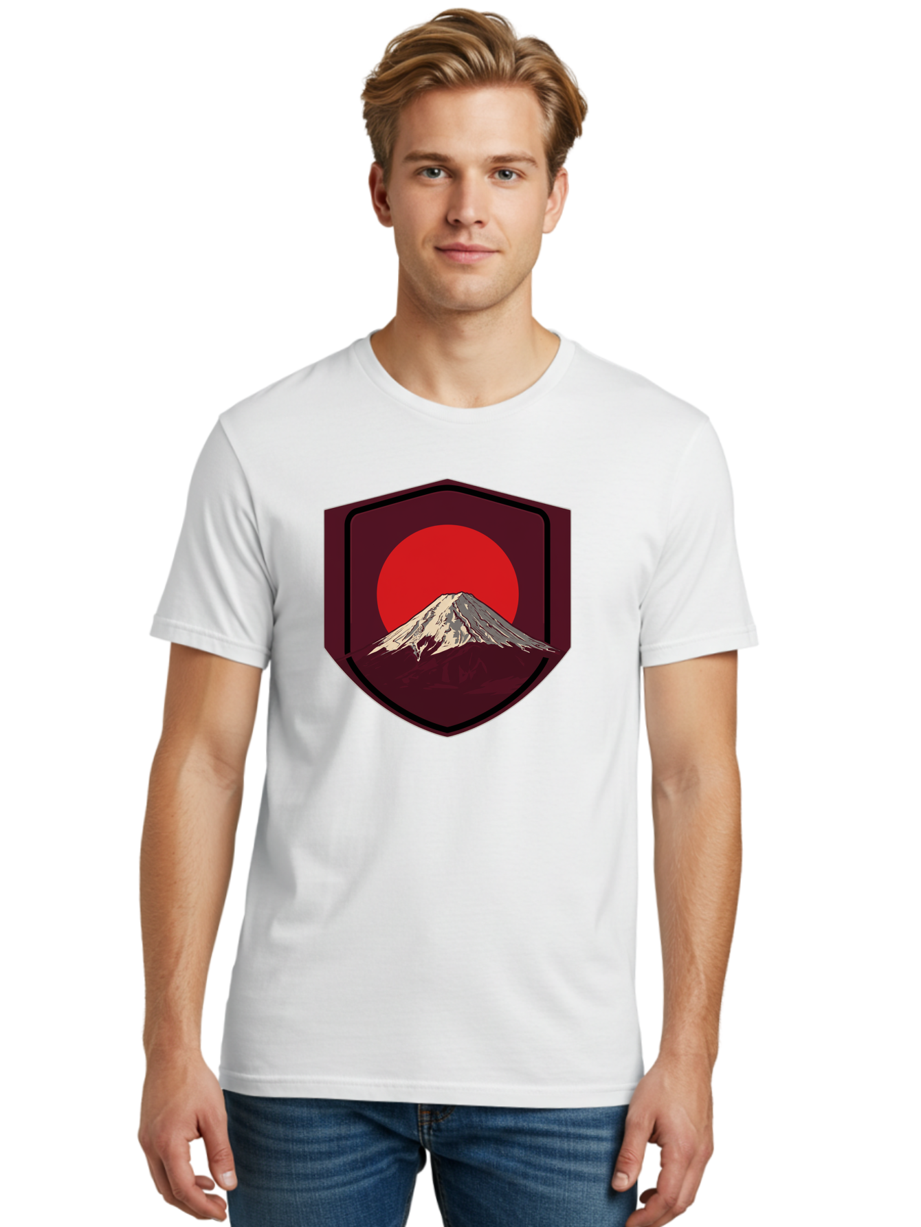 Mount-Fuji-Badge Men'S Graphic Tee, 100% Cotton, Comfortable Casual Summer Wear, Machine Washable, Mount Fuji, Japanese Mountain, Red Sun, Shield Emblem, Mountain Landscape, Japanese Culture, Iconic Symbol, Graphic Design, Red Circle Bad975