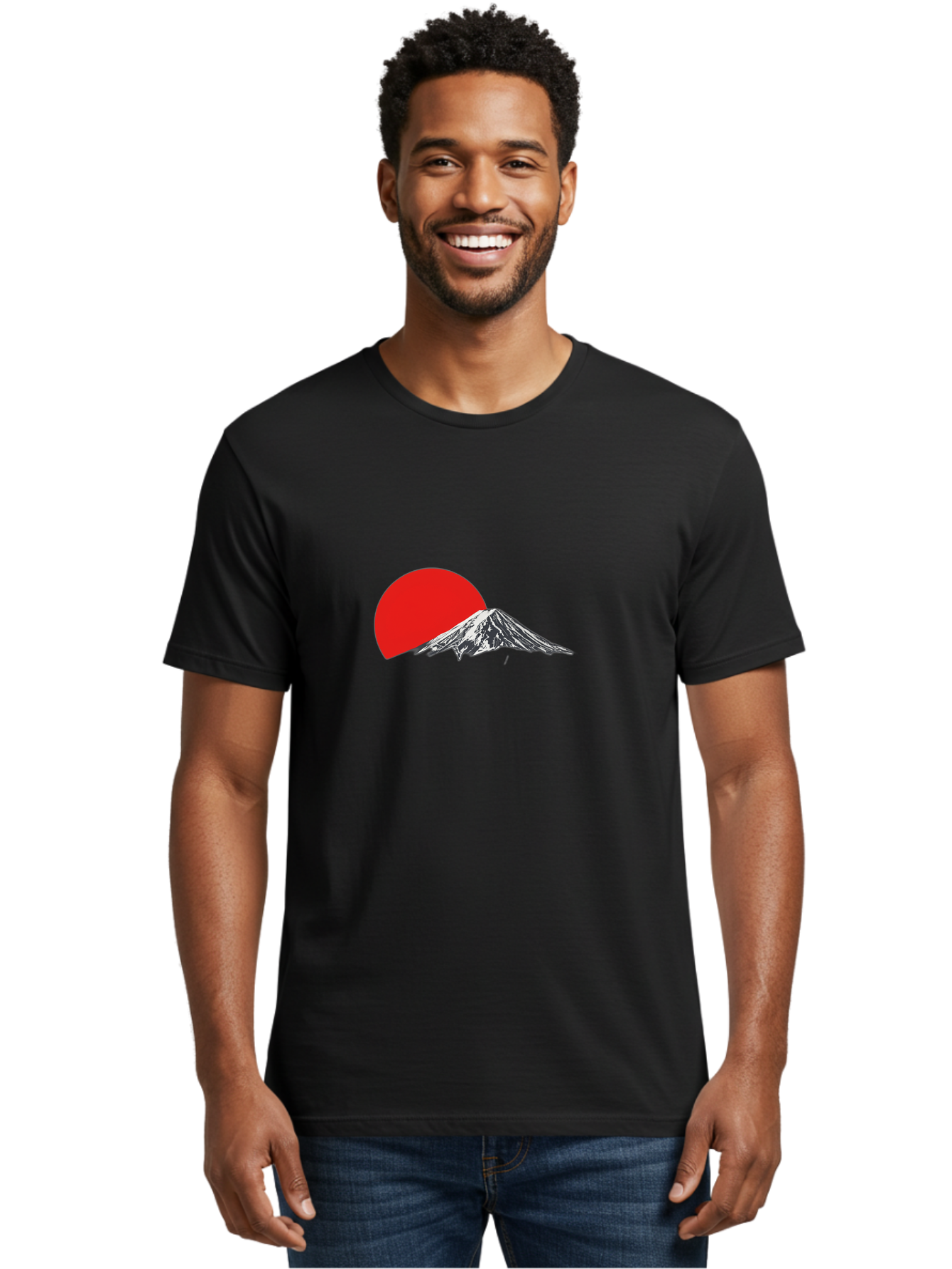 Mount-Fuji-Sunset Men'S Graphic Tee, 100% Cotton, Comfortable Casual Summer Wear, Machine Washable, Mount Fuji Landscape, Red Sun, Mountain Scenery, Serene Landscape, Japanese Culture, Iconic Landmark, Minimalist Design, Simple Art Bad976
