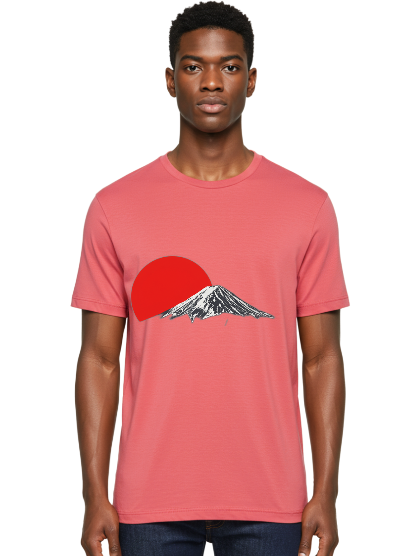 Mount-Fuji-Sunset Men'S Graphic Tee, 100% Cotton, Comfortable Casual Summer Wear, Machine Washable, Mount Fuji Landscape, Red Sun, Mountain Scenery, Serene Landscape, Japanese Culture, Iconic Landmark, Minimalist Design, Simple Art Bad976
