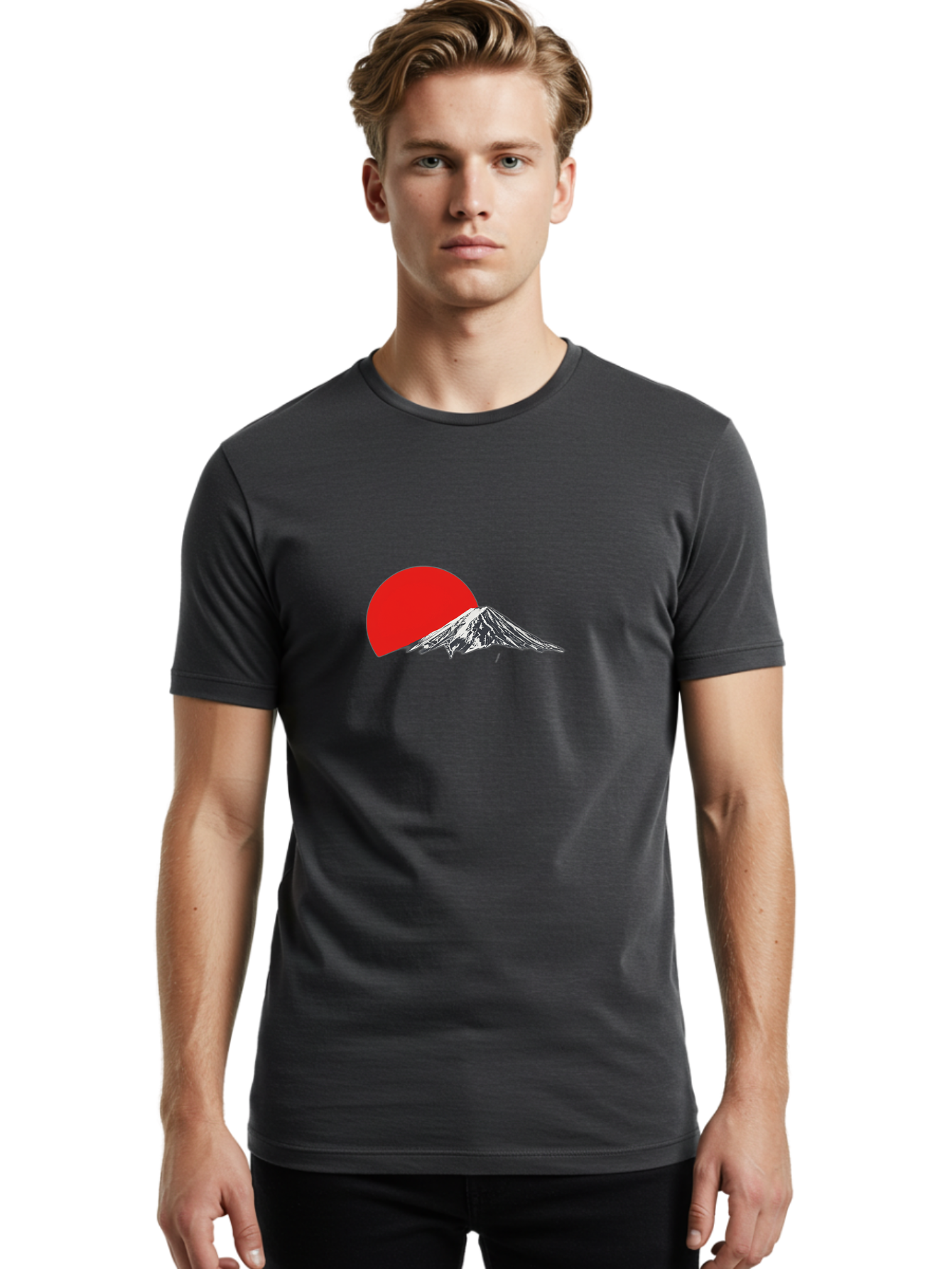 Mount-Fuji-Sunset Men'S Graphic Tee, 100% Cotton, Comfortable Casual Summer Wear, Machine Washable, Mount Fuji Landscape, Red Sun, Mountain Scenery, Serene Landscape, Japanese Culture, Iconic Landmark, Minimalist Design, Simple Art Bad976