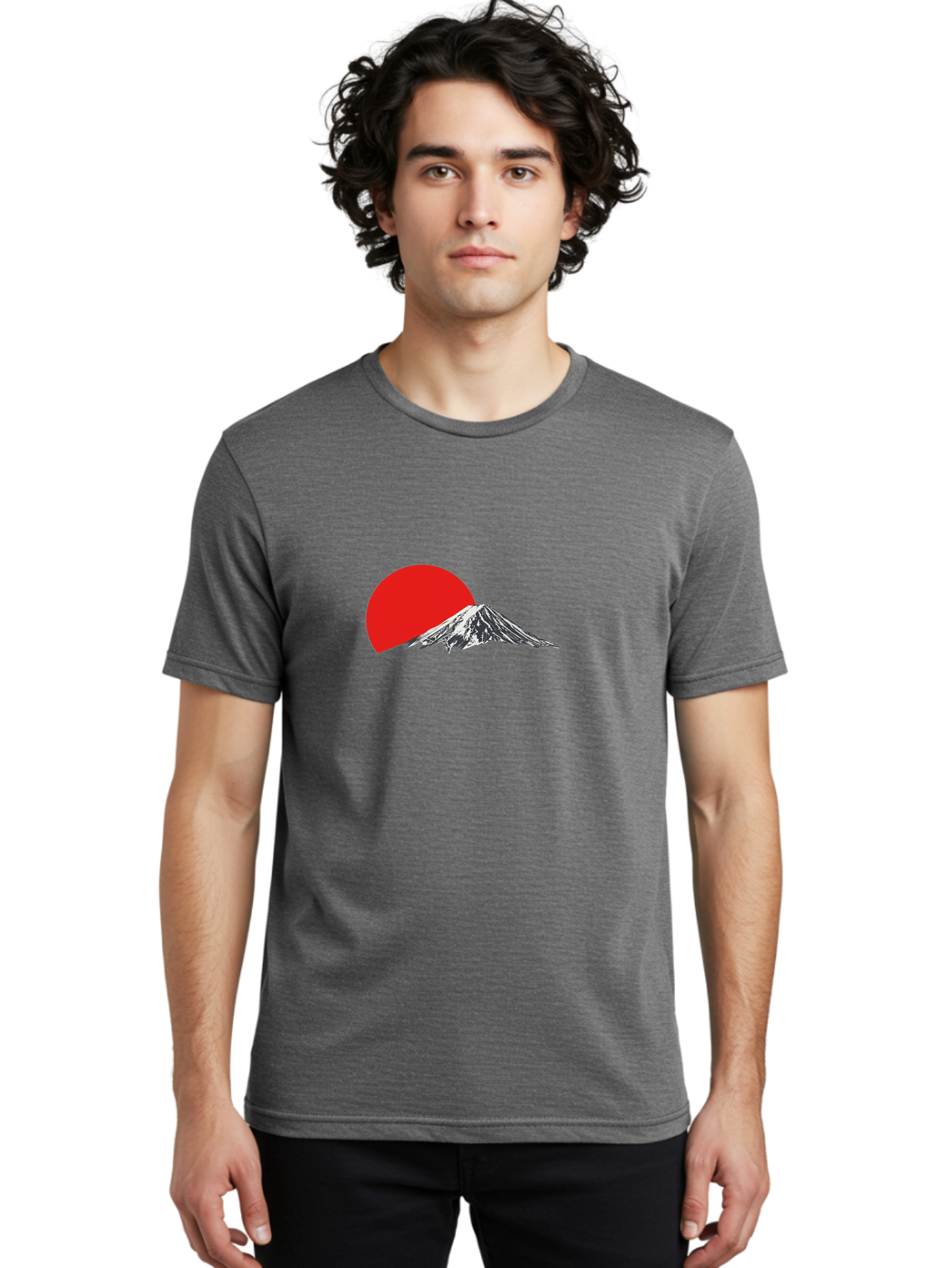 Mount-Fuji-Sunset Men'S Graphic Tee, 100% Cotton, Comfortable Casual Summer Wear, Machine Washable, Mount Fuji Landscape, Red Sun, Mountain Scenery, Serene Landscape, Japanese Culture, Iconic Landmark, Minimalist Design, Simple Art Bad976