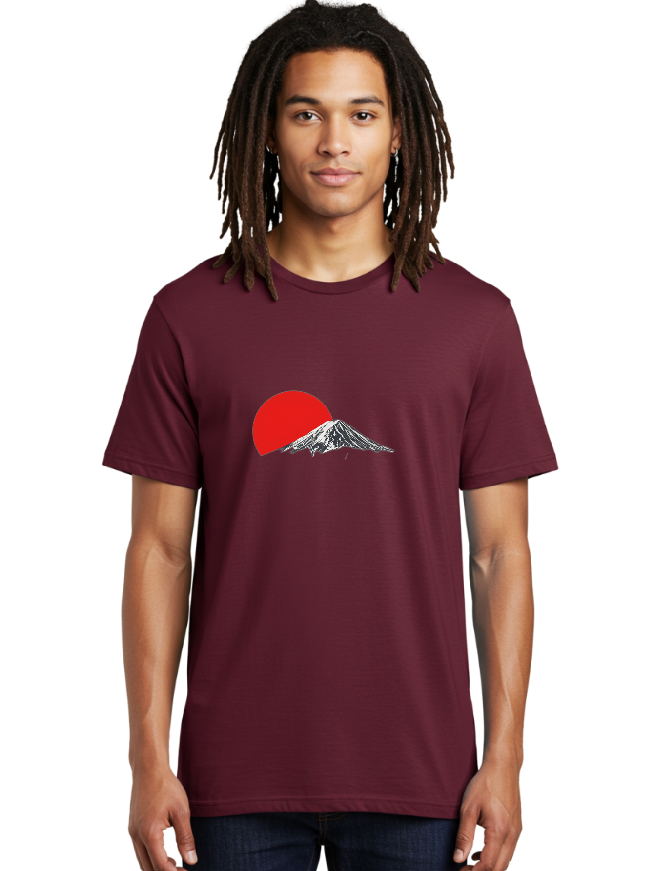 Mount-Fuji-Sunset Men'S Graphic Tee, 100% Cotton, Comfortable Casual Summer Wear, Machine Washable, Mount Fuji Landscape, Red Sun, Mountain Scenery, Serene Landscape, Japanese Culture, Iconic Landmark, Minimalist Design, Simple Art Bad976