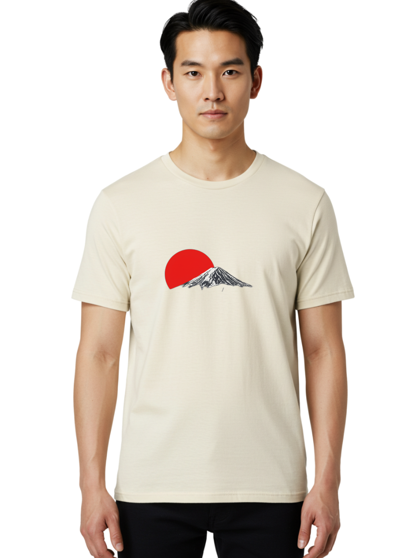 Mount-Fuji-Sunset Men'S Graphic Tee, 100% Cotton, Comfortable Casual Summer Wear, Machine Washable, Mount Fuji Landscape, Red Sun, Mountain Scenery, Serene Landscape, Japanese Culture, Iconic Landmark, Minimalist Design, Simple Art Bad976