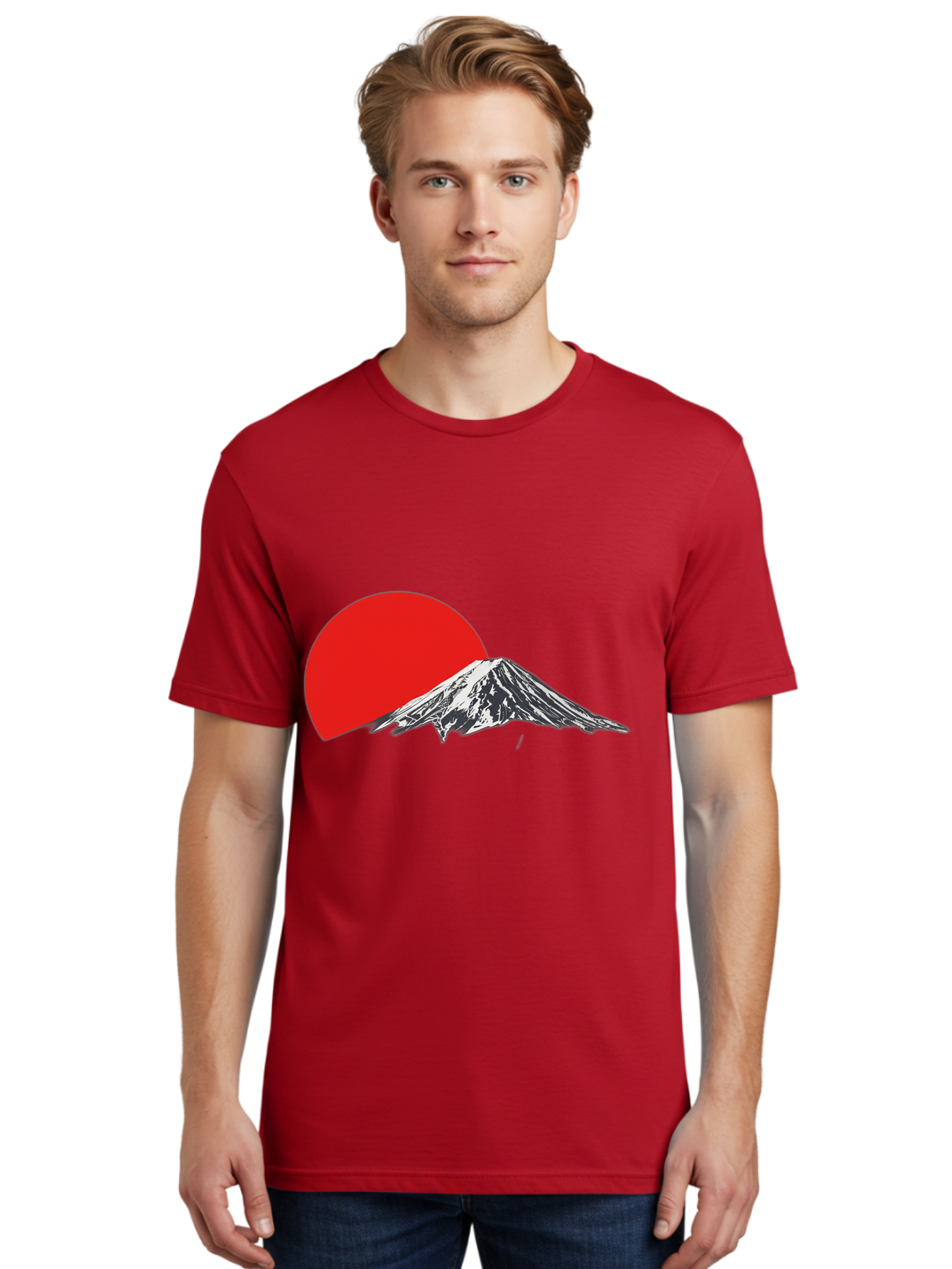 Mount-Fuji-Sunset Men'S Graphic Tee, 100% Cotton, Comfortable Casual Summer Wear, Machine Washable, Mount Fuji Landscape, Red Sun, Mountain Scenery, Serene Landscape, Japanese Culture, Iconic Landmark, Minimalist Design, Simple Art Bad976