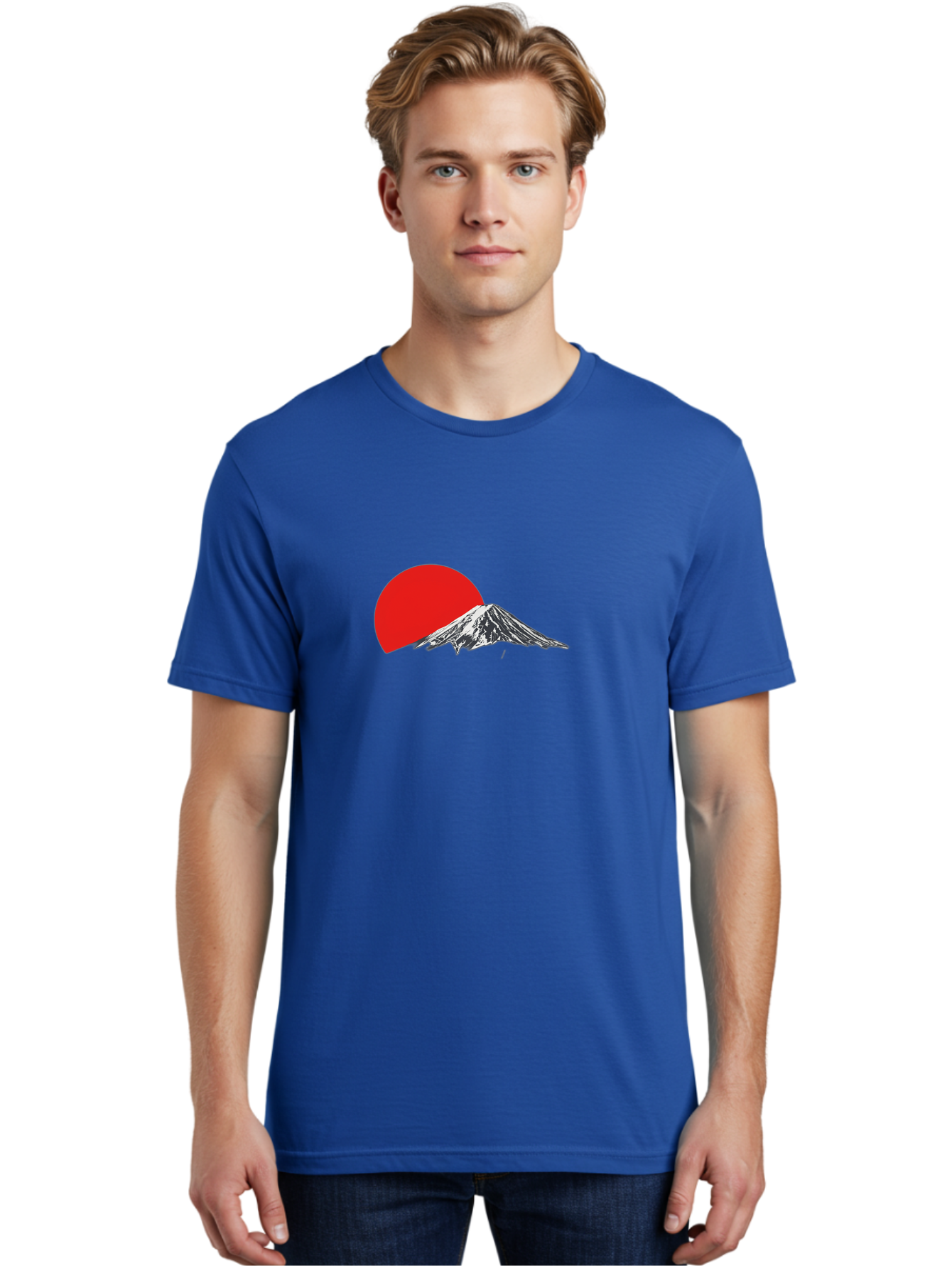 Mount-Fuji-Sunset Men'S Graphic Tee, 100% Cotton, Comfortable Casual Summer Wear, Machine Washable, Mount Fuji Landscape, Red Sun, Mountain Scenery, Serene Landscape, Japanese Culture, Iconic Landmark, Minimalist Design, Simple Art Bad976