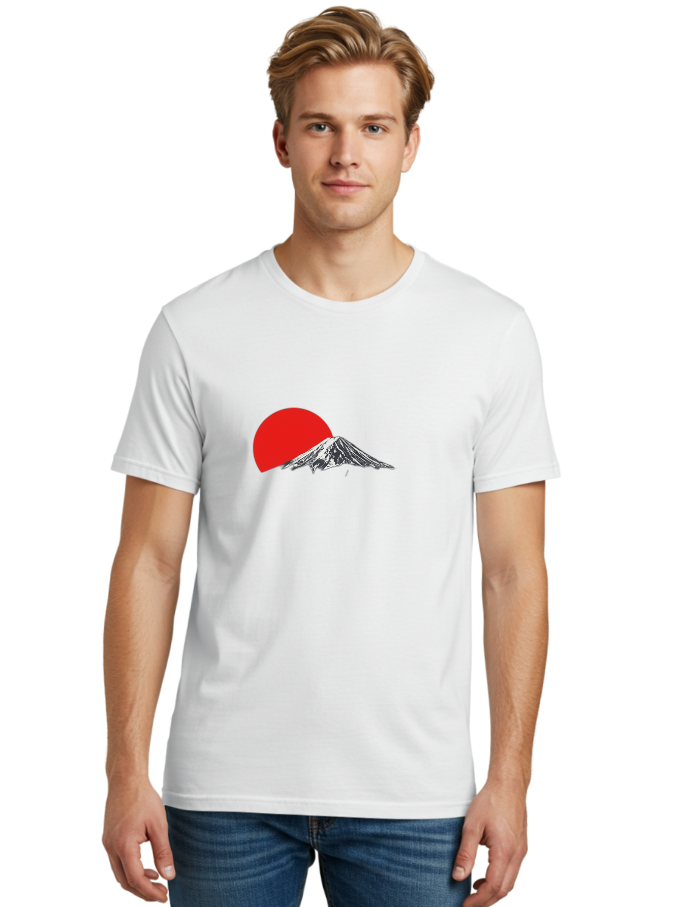 Mount-Fuji-Sunset Men'S Graphic Tee, 100% Cotton, Comfortable Casual Summer Wear, Machine Washable, Mount Fuji Landscape, Red Sun, Mountain Scenery, Serene Landscape, Japanese Culture, Iconic Landmark, Minimalist Design, Simple Art Bad976