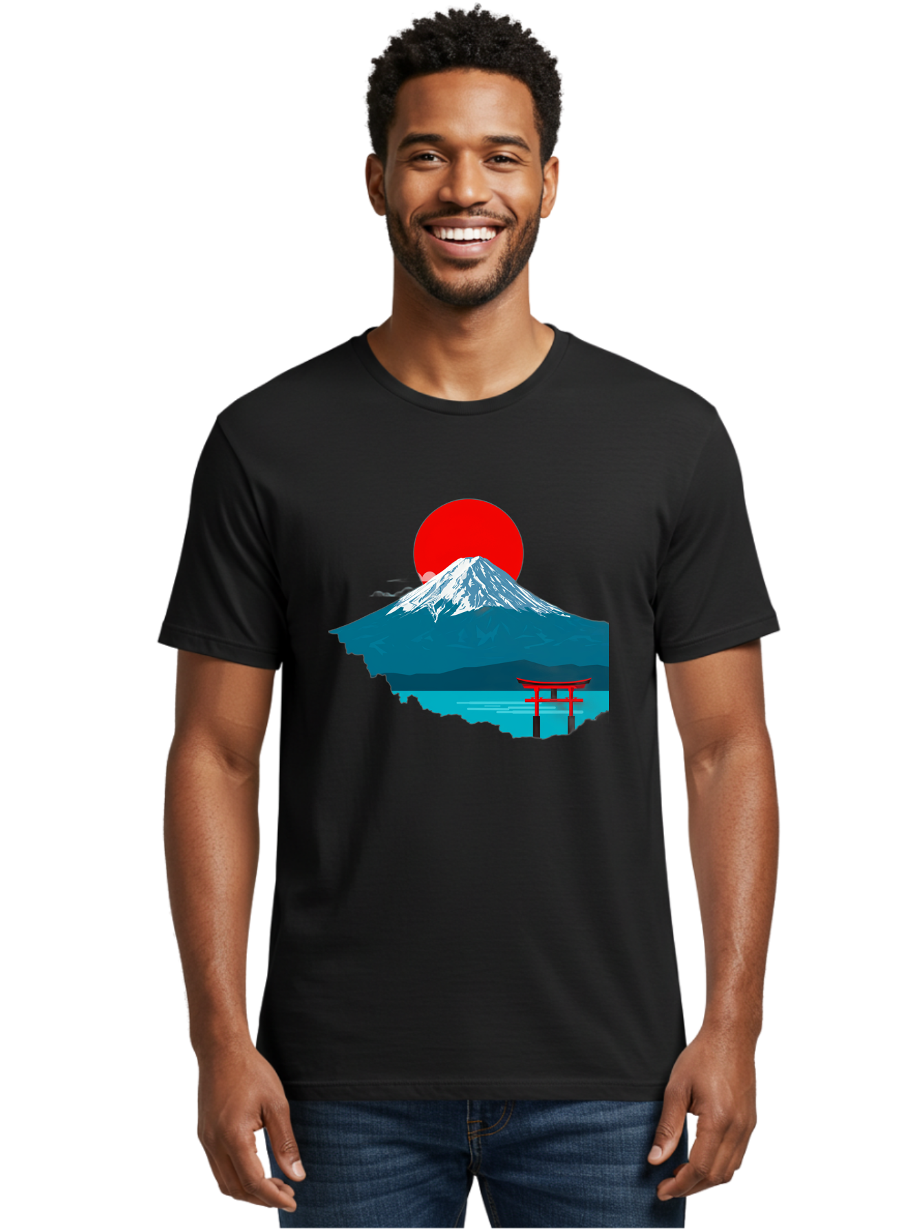 Mount-Fuji-Torii Men'S Graphic Tee, 100% Cotton, Comfortable Casual Summer Wear, Machine Washable, Mount Fuji Landscape, Japanese Scenery, Torii Gate, Red Sun, Serene Lake, Snowy Mountain, Traditional Japan, Vibrant Colors, Iconic Landmarks, Bad977