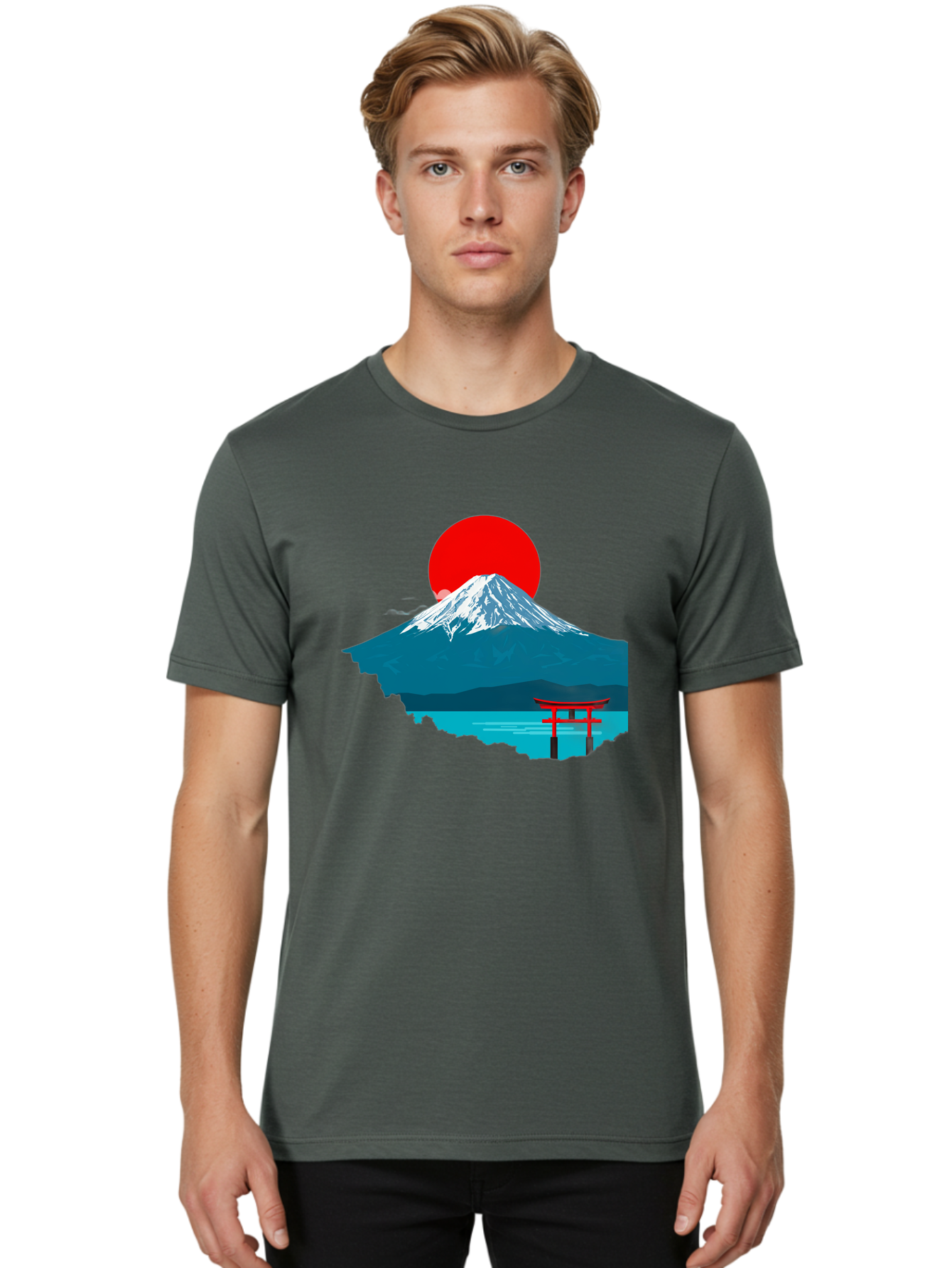 Mount-Fuji-Torii Men'S Graphic Tee, 100% Cotton, Comfortable Casual Summer Wear, Machine Washable, Mount Fuji Landscape, Japanese Scenery, Torii Gate, Red Sun, Serene Lake, Snowy Mountain, Traditional Japan, Vibrant Colors, Iconic Landmarks, Bad977