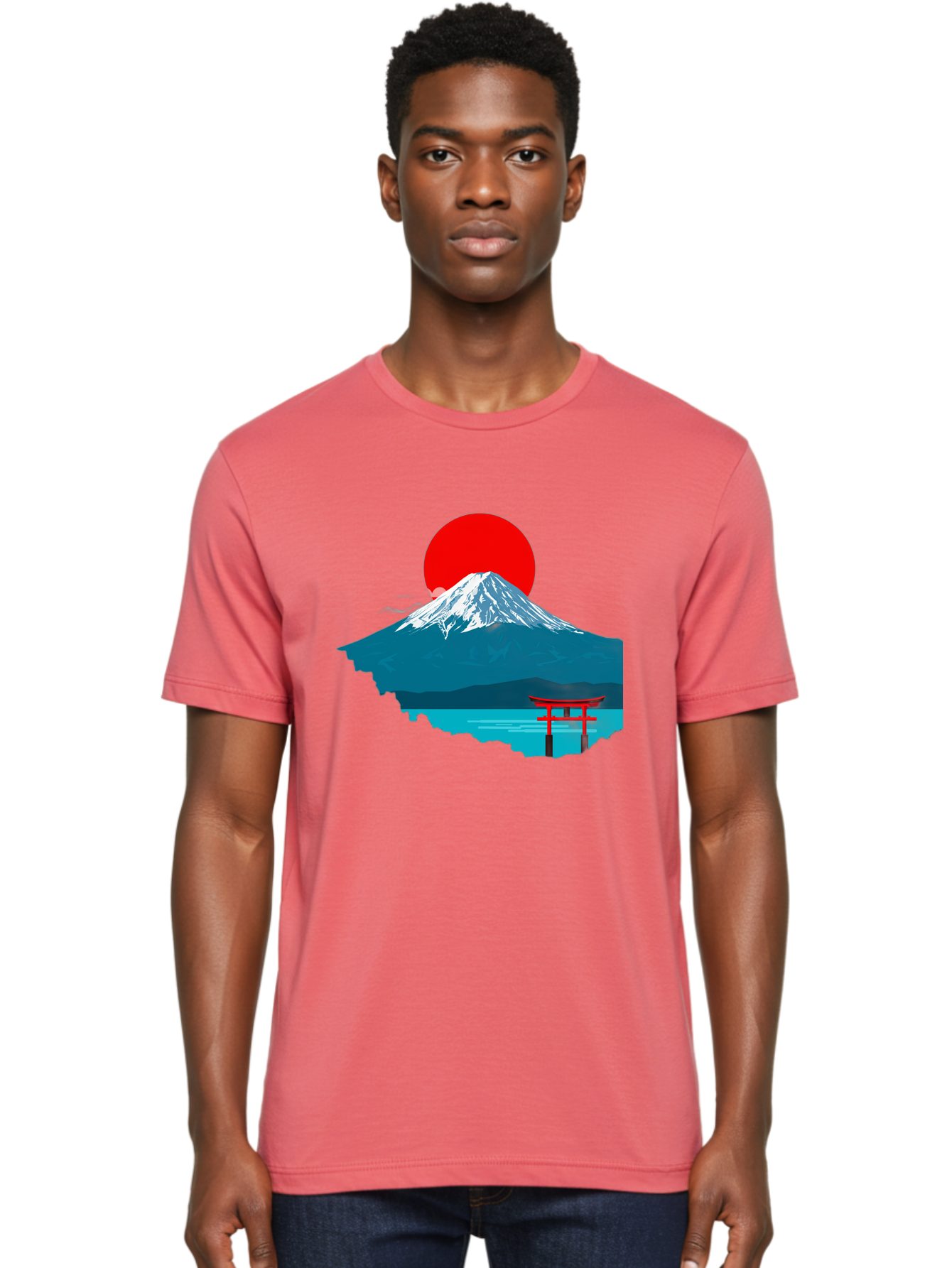 Mount-Fuji-Torii Men'S Graphic Tee, 100% Cotton, Comfortable Casual Summer Wear, Machine Washable, Mount Fuji Landscape, Japanese Scenery, Torii Gate, Red Sun, Serene Lake, Snowy Mountain, Traditional Japan, Vibrant Colors, Iconic Landmarks, Bad977