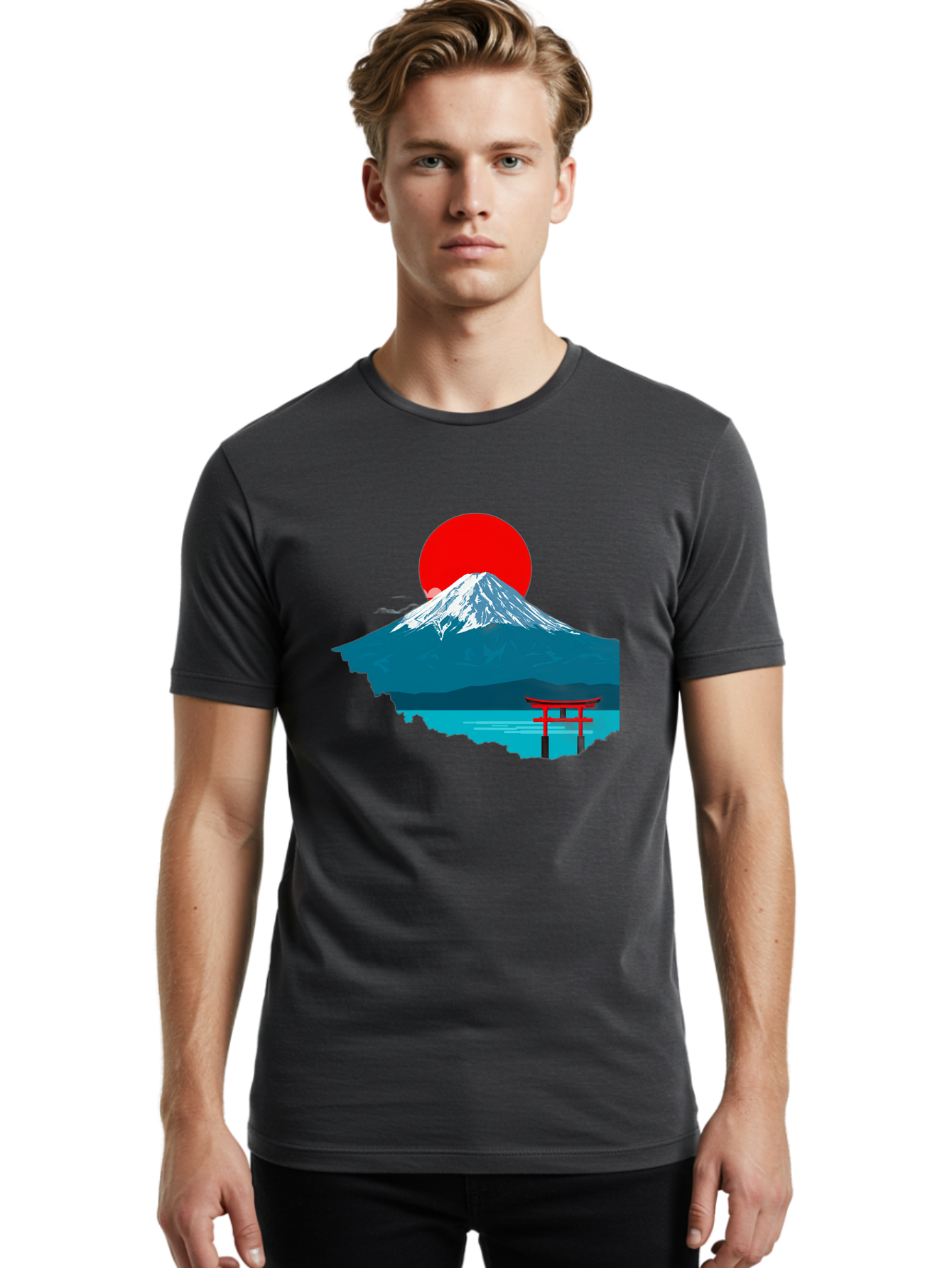 Mount-Fuji-Torii Men'S Graphic Tee, 100% Cotton, Comfortable Casual Summer Wear, Machine Washable, Mount Fuji Landscape, Japanese Scenery, Torii Gate, Red Sun, Serene Lake, Snowy Mountain, Traditional Japan, Vibrant Colors, Iconic Landmarks, Bad977