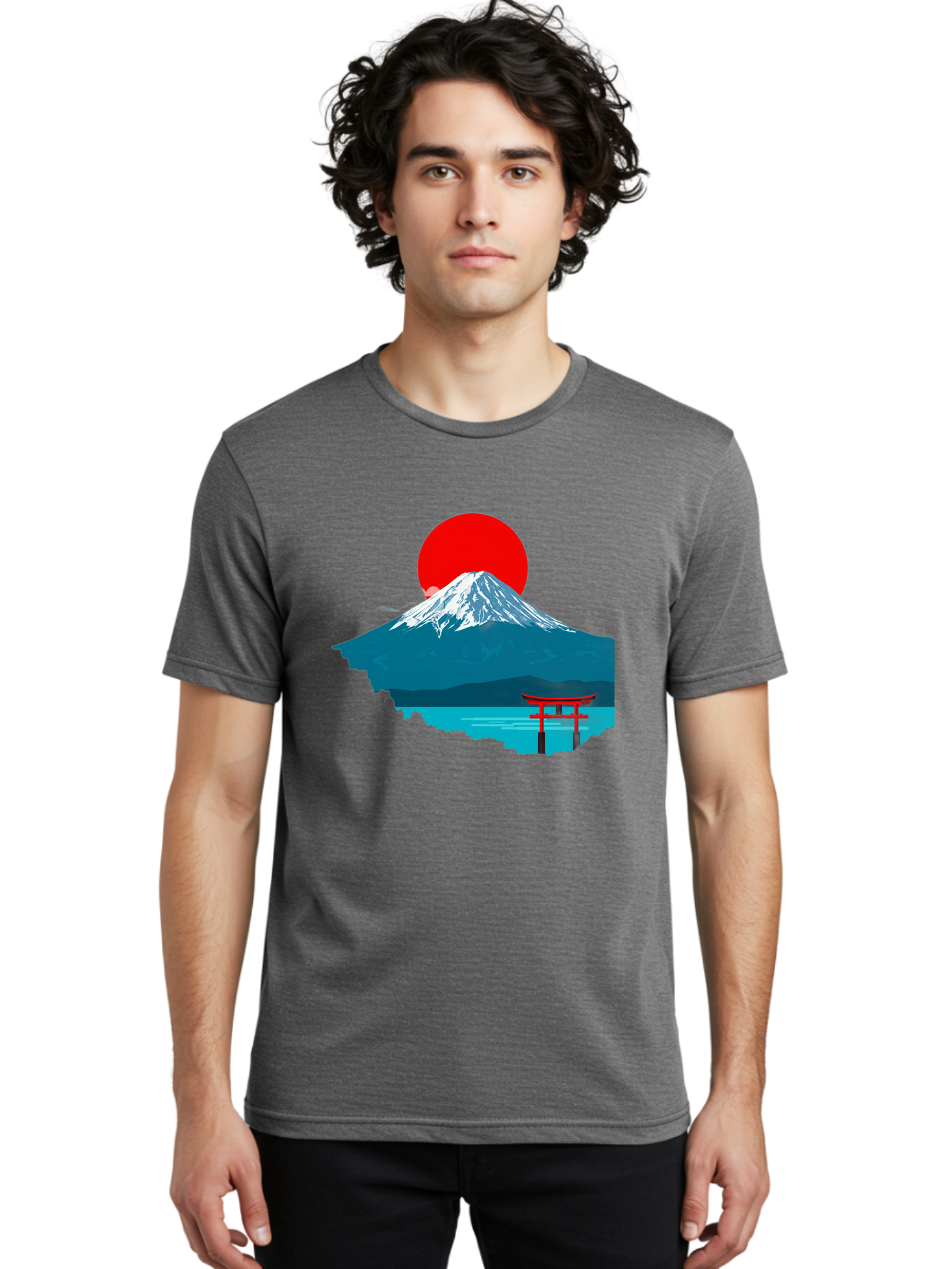 Mount-Fuji-Torii Men'S Graphic Tee, 100% Cotton, Comfortable Casual Summer Wear, Machine Washable, Mount Fuji Landscape, Japanese Scenery, Torii Gate, Red Sun, Serene Lake, Snowy Mountain, Traditional Japan, Vibrant Colors, Iconic Landmarks, Bad977