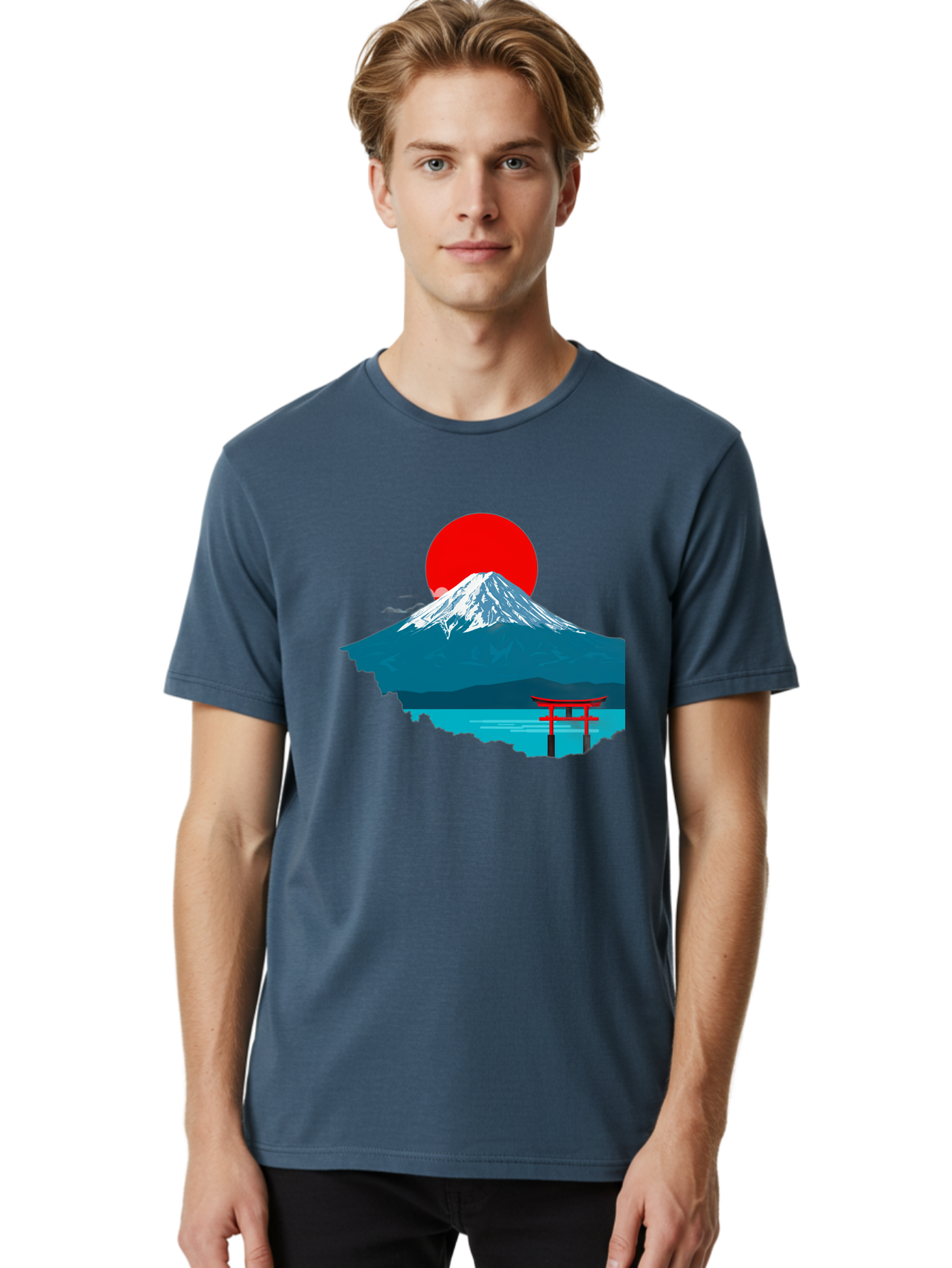 Mount-Fuji-Torii Men'S Graphic Tee, 100% Cotton, Comfortable Casual Summer Wear, Machine Washable, Mount Fuji Landscape, Japanese Scenery, Torii Gate, Red Sun, Serene Lake, Snowy Mountain, Traditional Japan, Vibrant Colors, Iconic Landmarks, Bad977