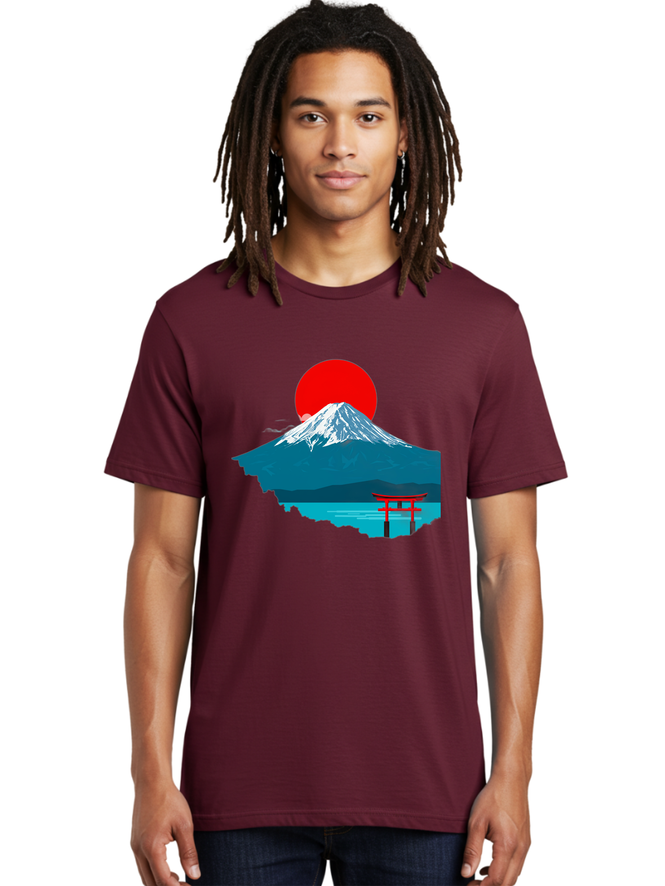 Mount-Fuji-Torii Men'S Graphic Tee, 100% Cotton, Comfortable Casual Summer Wear, Machine Washable, Mount Fuji Landscape, Japanese Scenery, Torii Gate, Red Sun, Serene Lake, Snowy Mountain, Traditional Japan, Vibrant Colors, Iconic Landmarks, Bad977