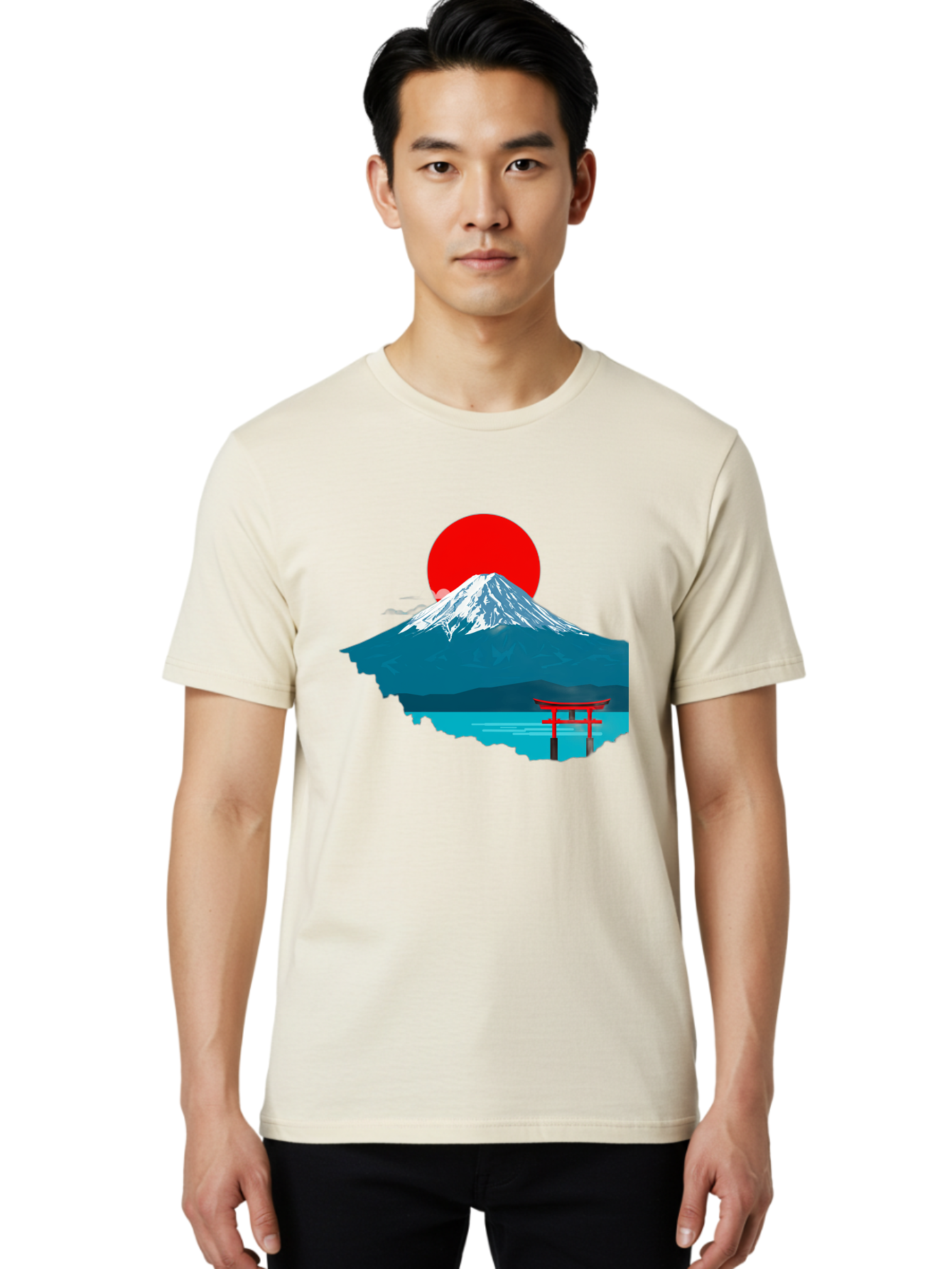 Mount-Fuji-Torii Men'S Graphic Tee, 100% Cotton, Comfortable Casual Summer Wear, Machine Washable, Mount Fuji Landscape, Japanese Scenery, Torii Gate, Red Sun, Serene Lake, Snowy Mountain, Traditional Japan, Vibrant Colors, Iconic Landmarks, Bad977
