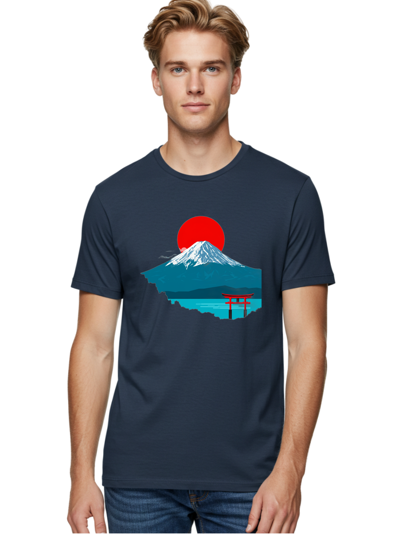 Mount-Fuji-Torii Men'S Graphic Tee, 100% Cotton, Comfortable Casual Summer Wear, Machine Washable, Mount Fuji Landscape, Japanese Scenery, Torii Gate, Red Sun, Serene Lake, Snowy Mountain, Traditional Japan, Vibrant Colors, Iconic Landmarks, Bad977